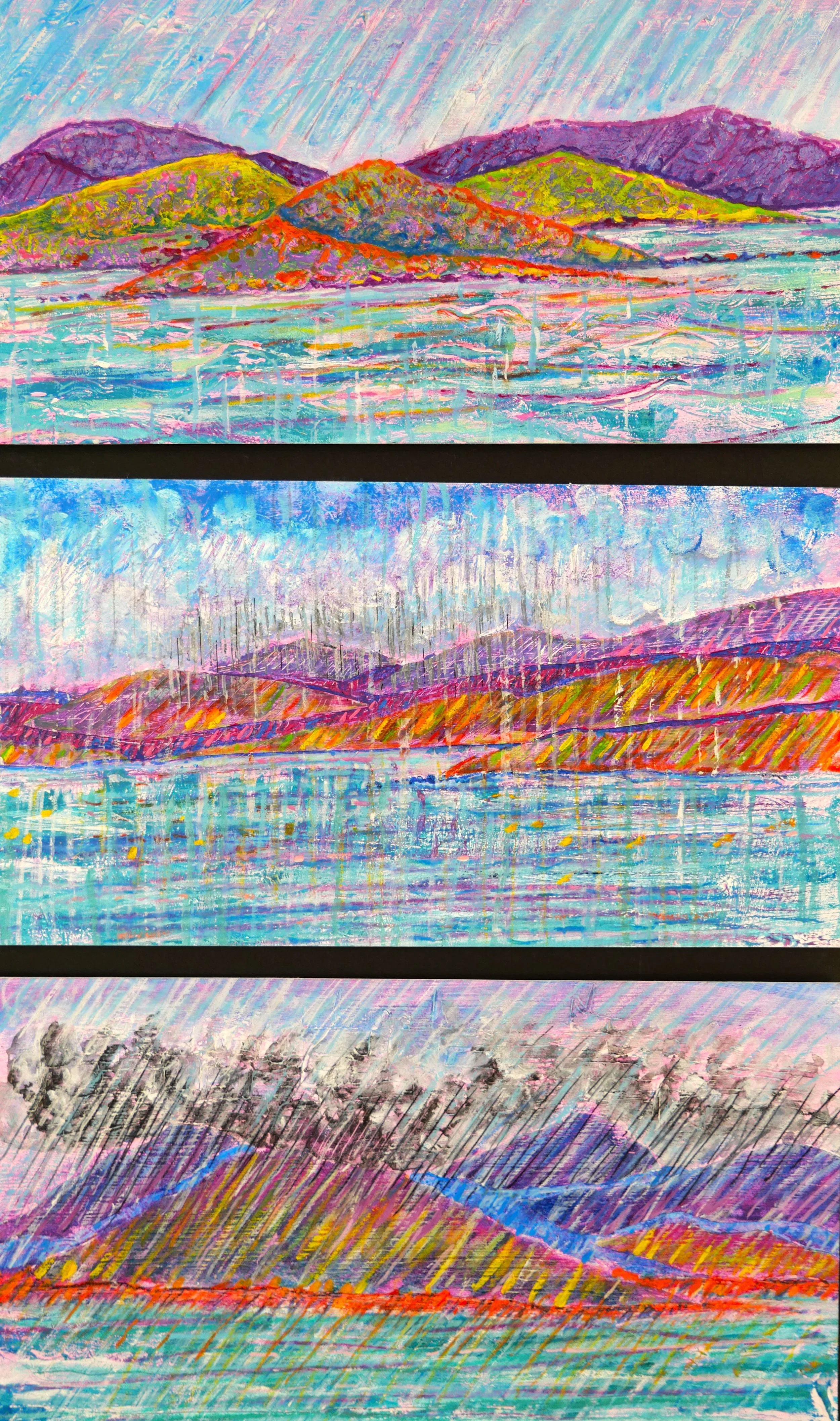 Study 15 Triptych (300 x 480)
Acrylic Paint, Brush Pen, Crayon, Water Colour on Gesso treated paper.