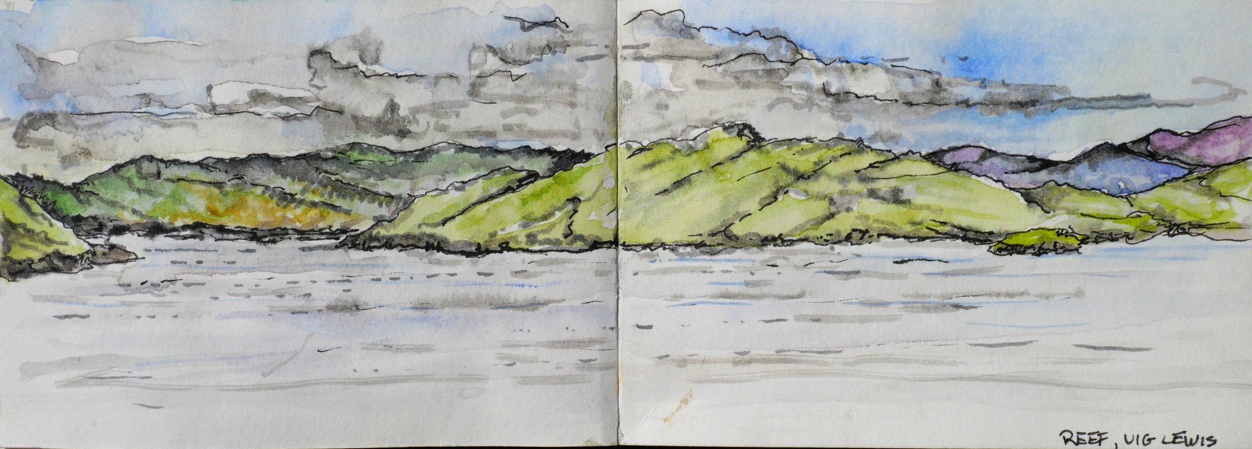 Reef, Uig, Isle of Lewis, Scotland. (230x85)
Brush Pen, Fibre Tipped Pen and Water Colour.