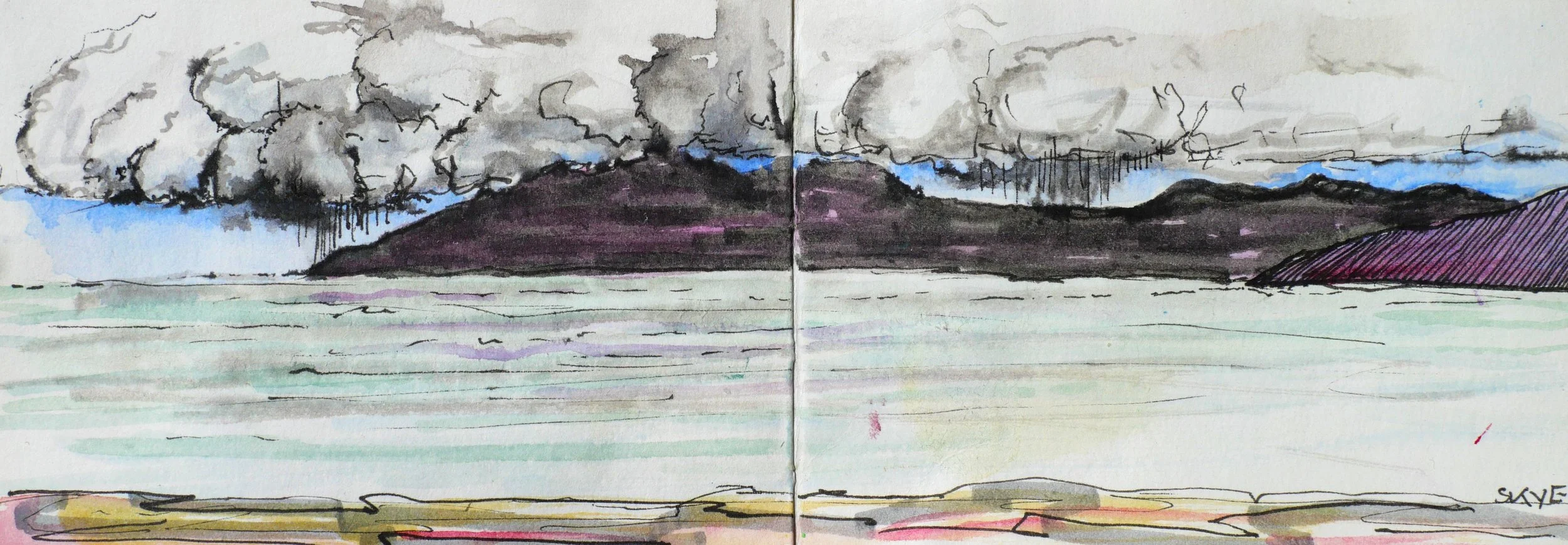 Isle of Skye, Scotland. (230x85)
Brush Pen, Fibre Tipped Pen and Water Colour.