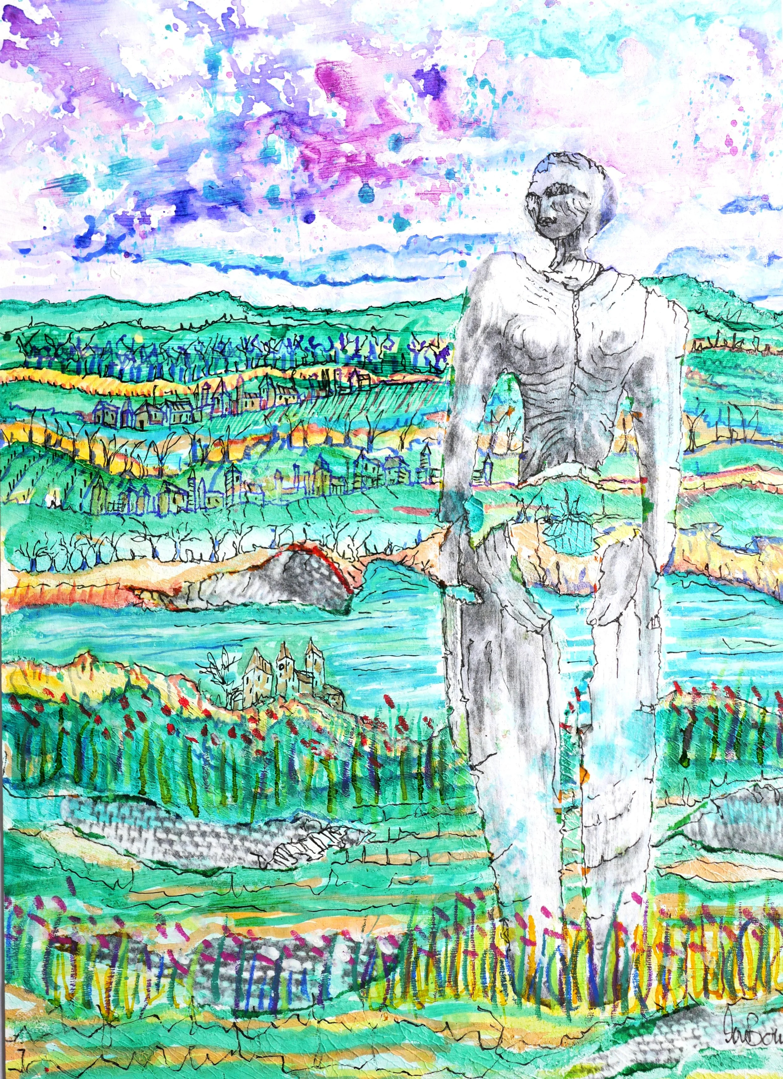 Mythological Solace Mixed Media drawing (225x310)
Ink, water colour, fibre tipped pen and collage on gesso primed paper