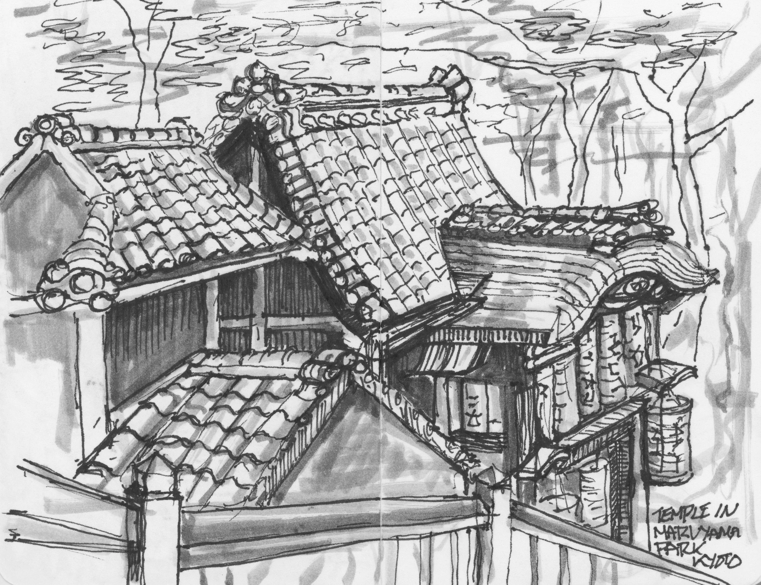 Temple, Maruyama Park, Kyoto. (135x175)
Brush Pen and Fibre tipped pen.