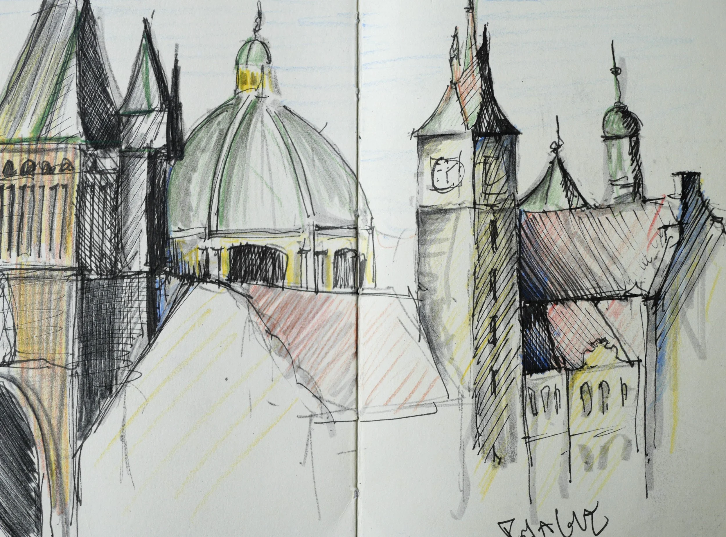 Prague Skyline
 (140x180) 
Fibre Tipped Pen and Colour Pencil 