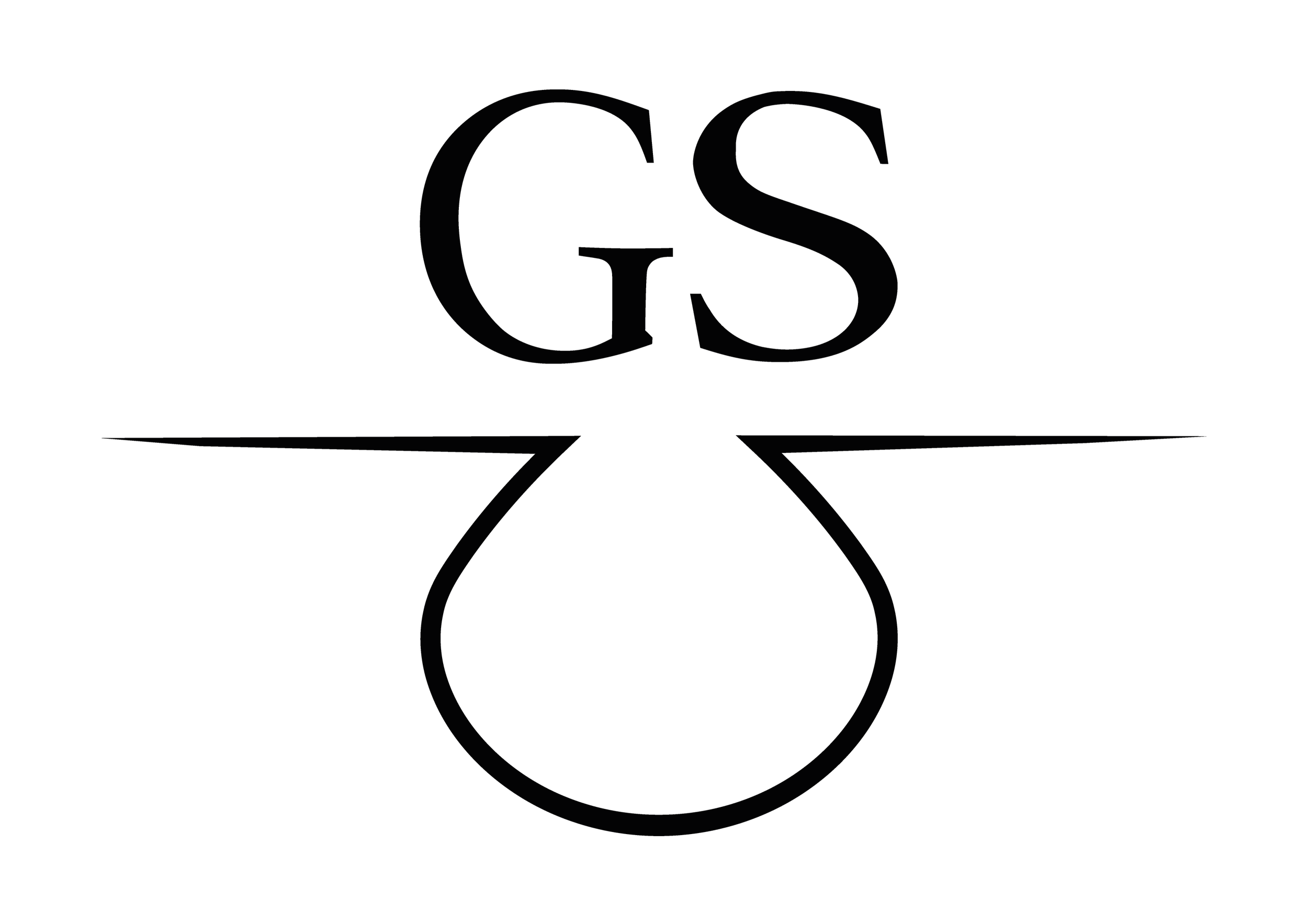 Black and white line drawing of a Christmas ornament with the letters GS, a ribbon at the top, and a small band at the bottom.