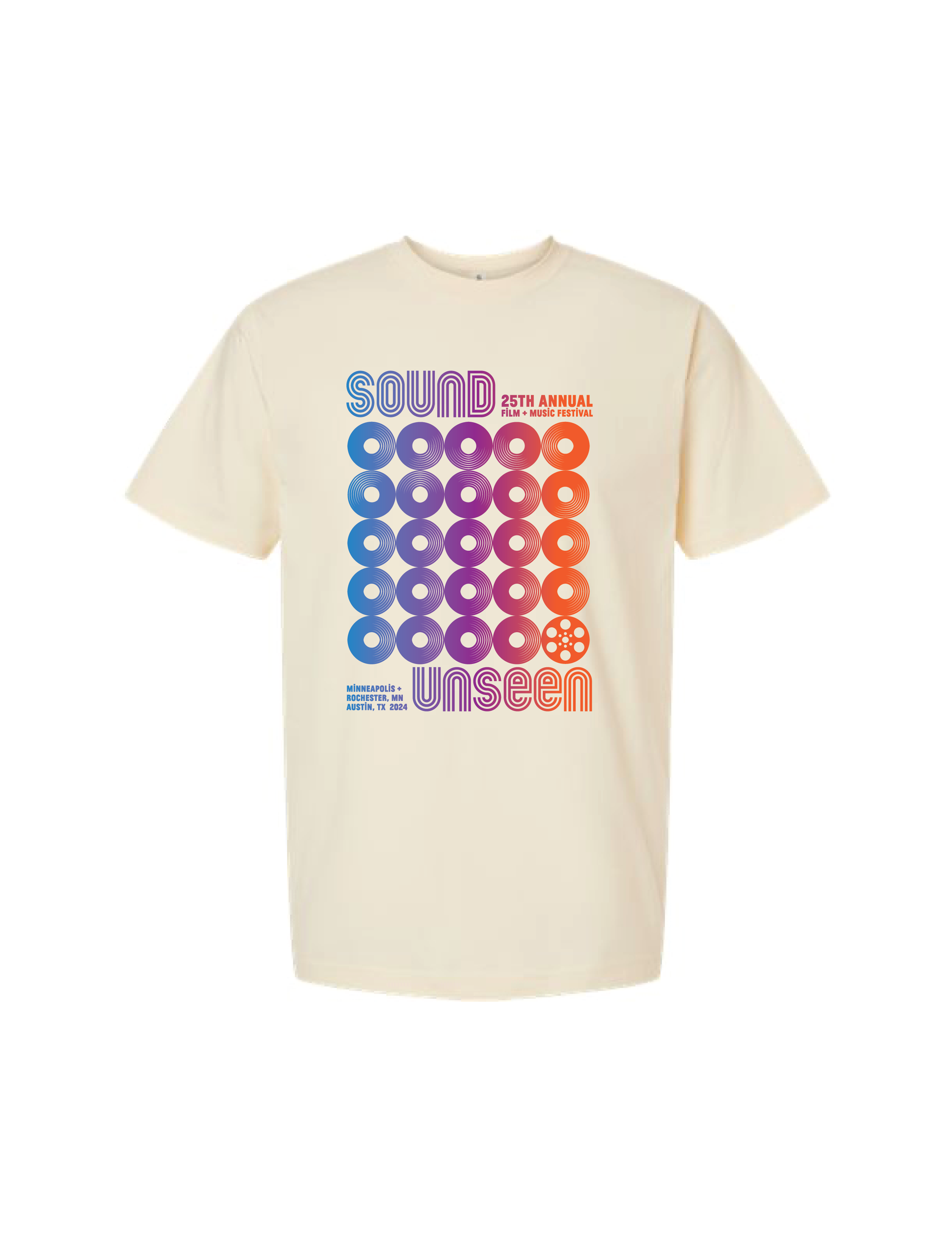 off white/ cream screen printed tshirt with Sound Unseen 25th Annual Film + Music Festival art, record to film reel visual, colors are fading from blue to purple to orange.