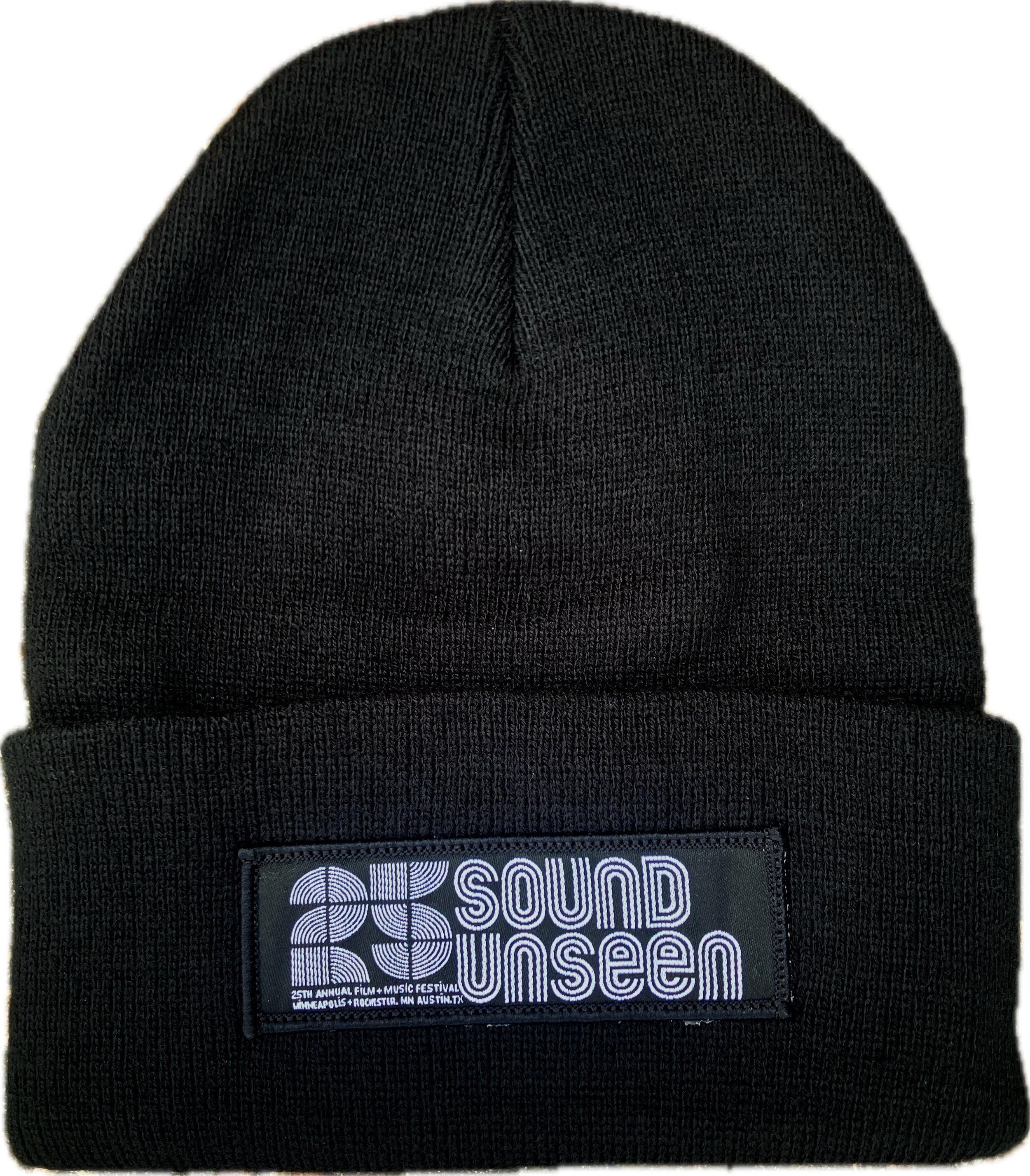 black knit beanie with sound unseen 25 logo patch