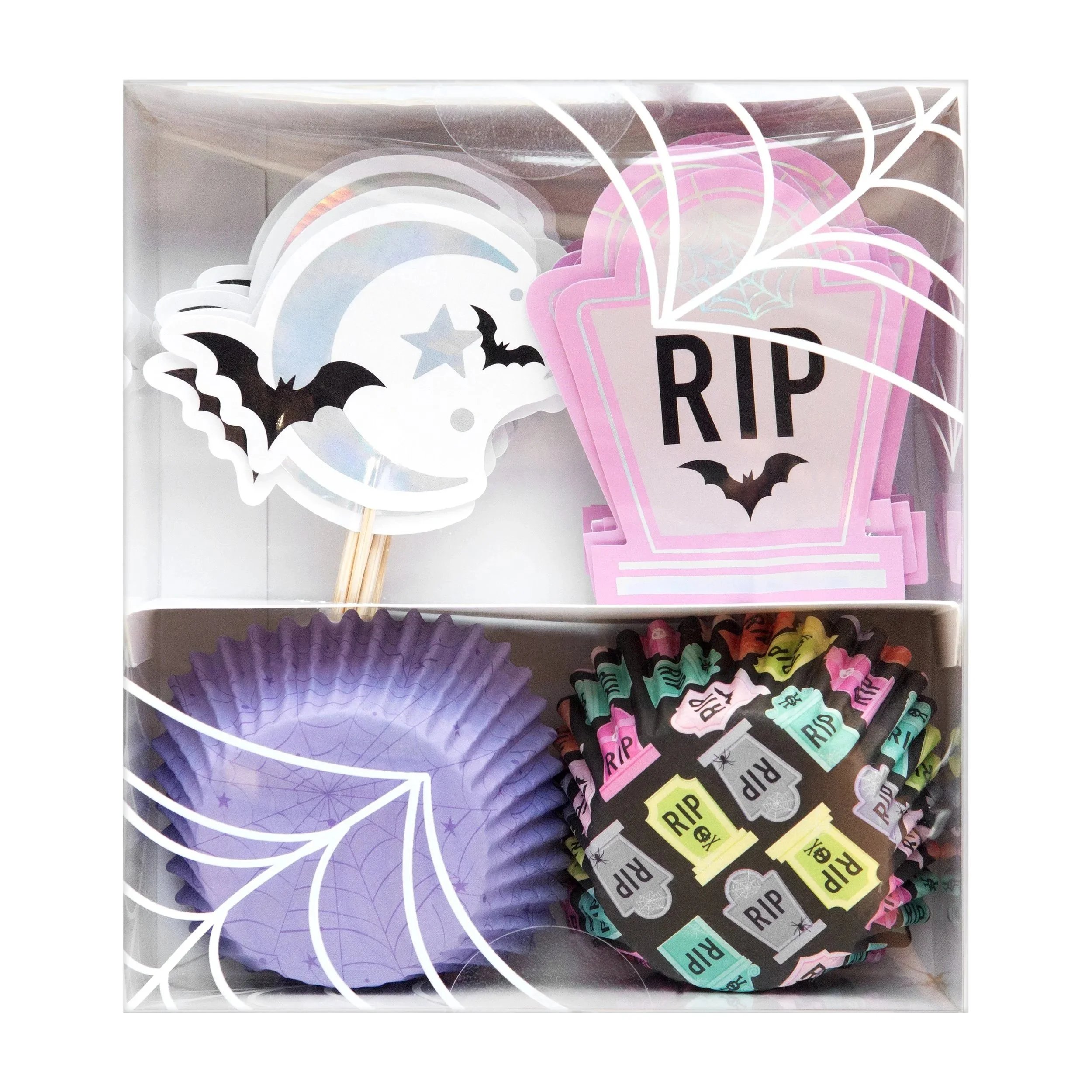 Cupcake box, toppers, and wrappers. It was fun to be able to add some decoration on the plastic packaging while letting the art speak for itself.