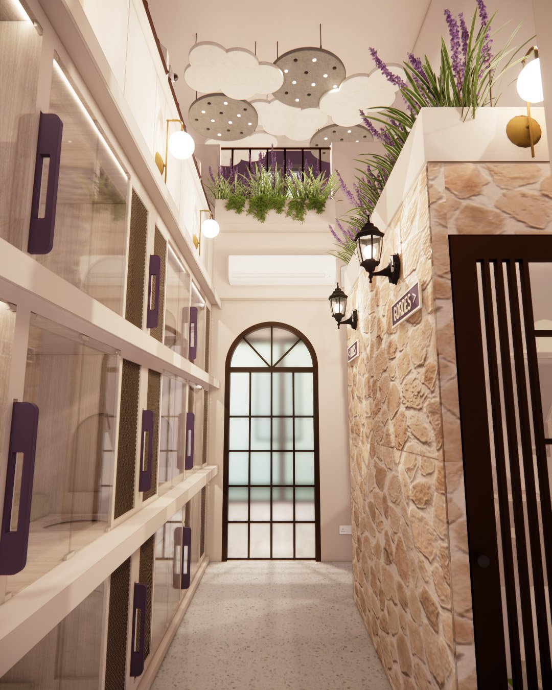 Indoor hallway with stone accent wall, black wall-mounted lamps, and glass-fronted storage cabinets on the left. The ceiling features decorative clouds and circular elements, with hanging plants above. There's an arched glass door at the end, white walls, and potted plants on a balcony or upper level.