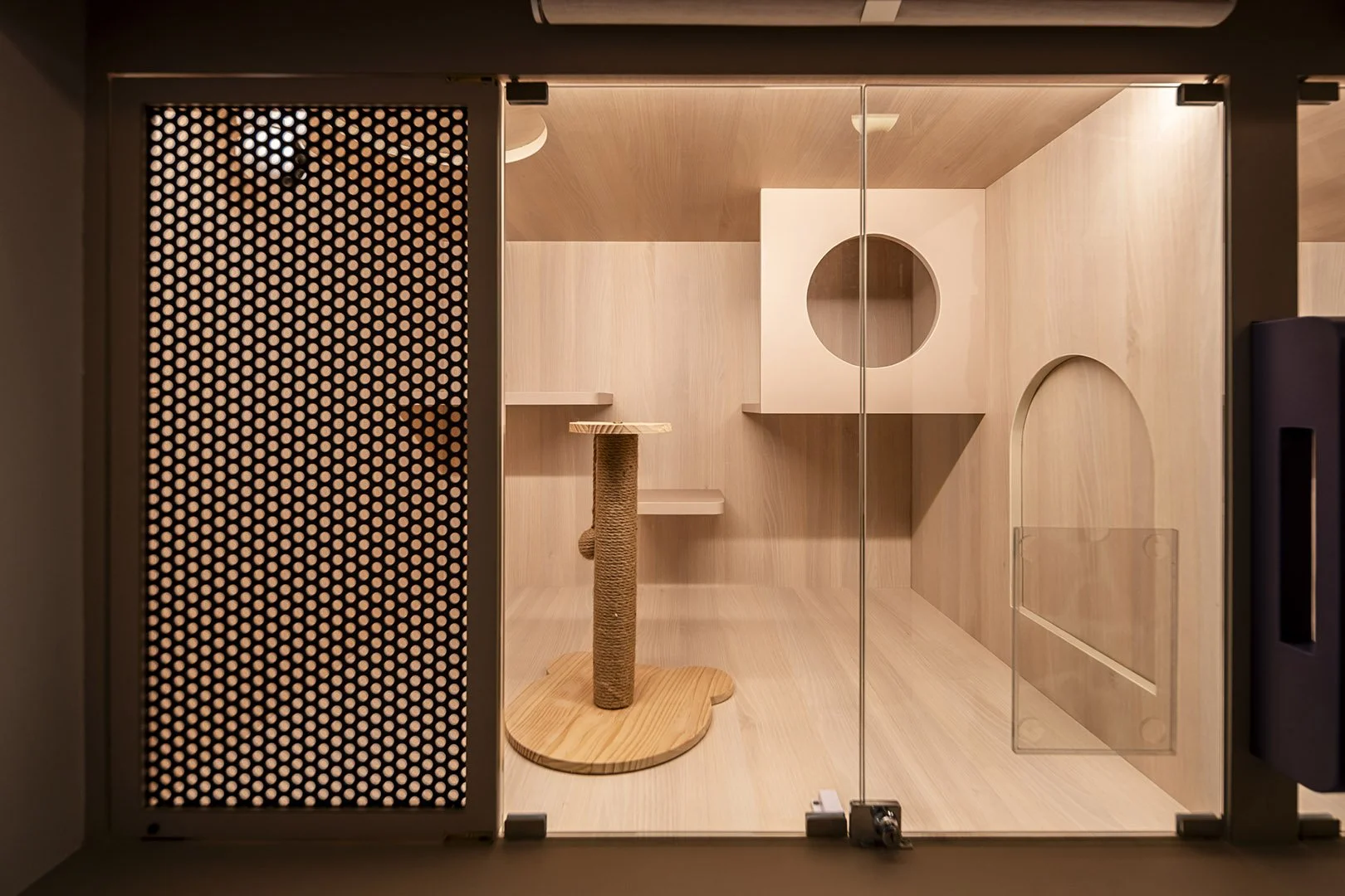 Interior of a modern, minimalistic cat room with light wood walls, a scratching post, and geometric cutouts on the walls.