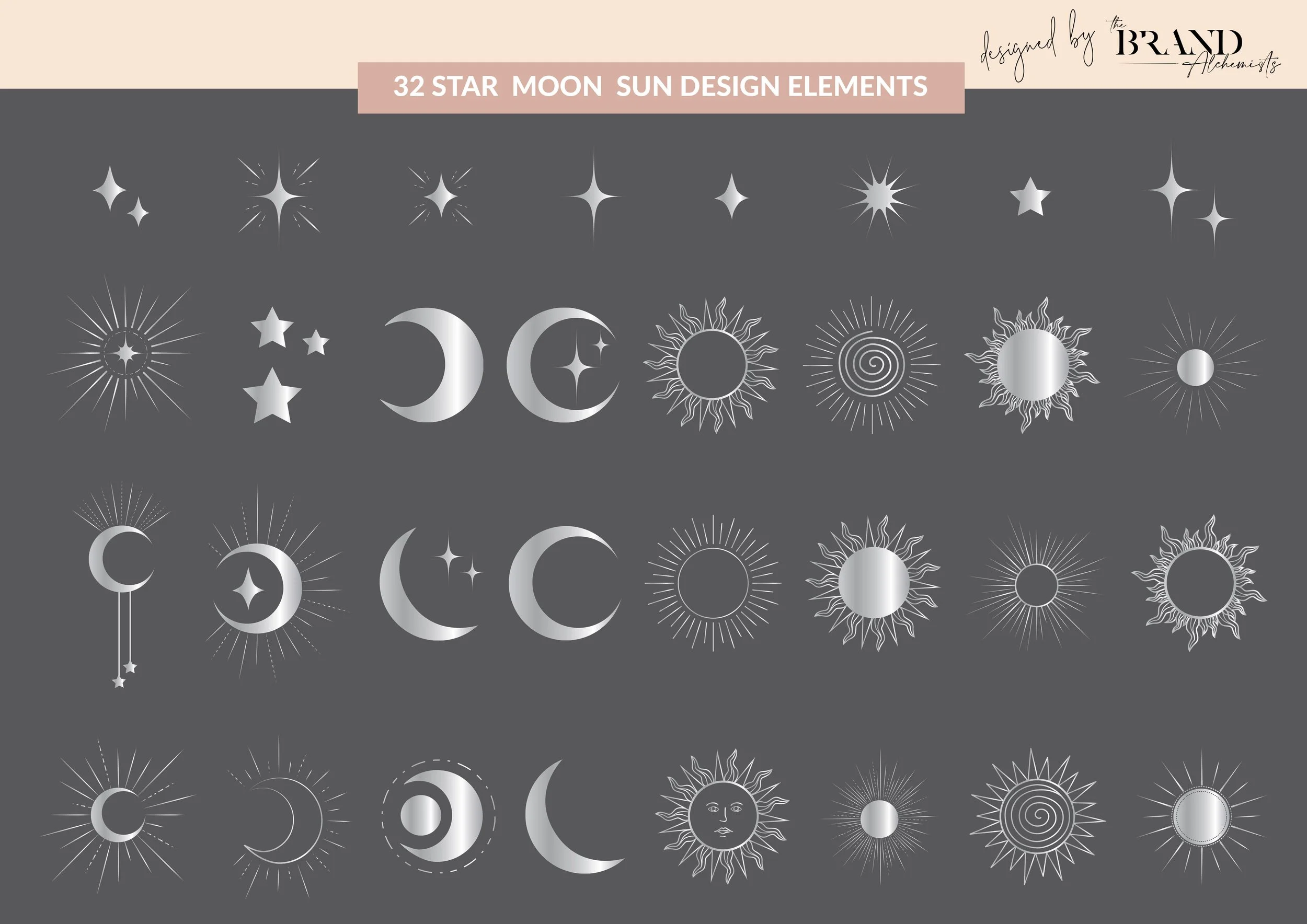 Thirty-two metallic silver celestial sun moon start design elements on dark background
