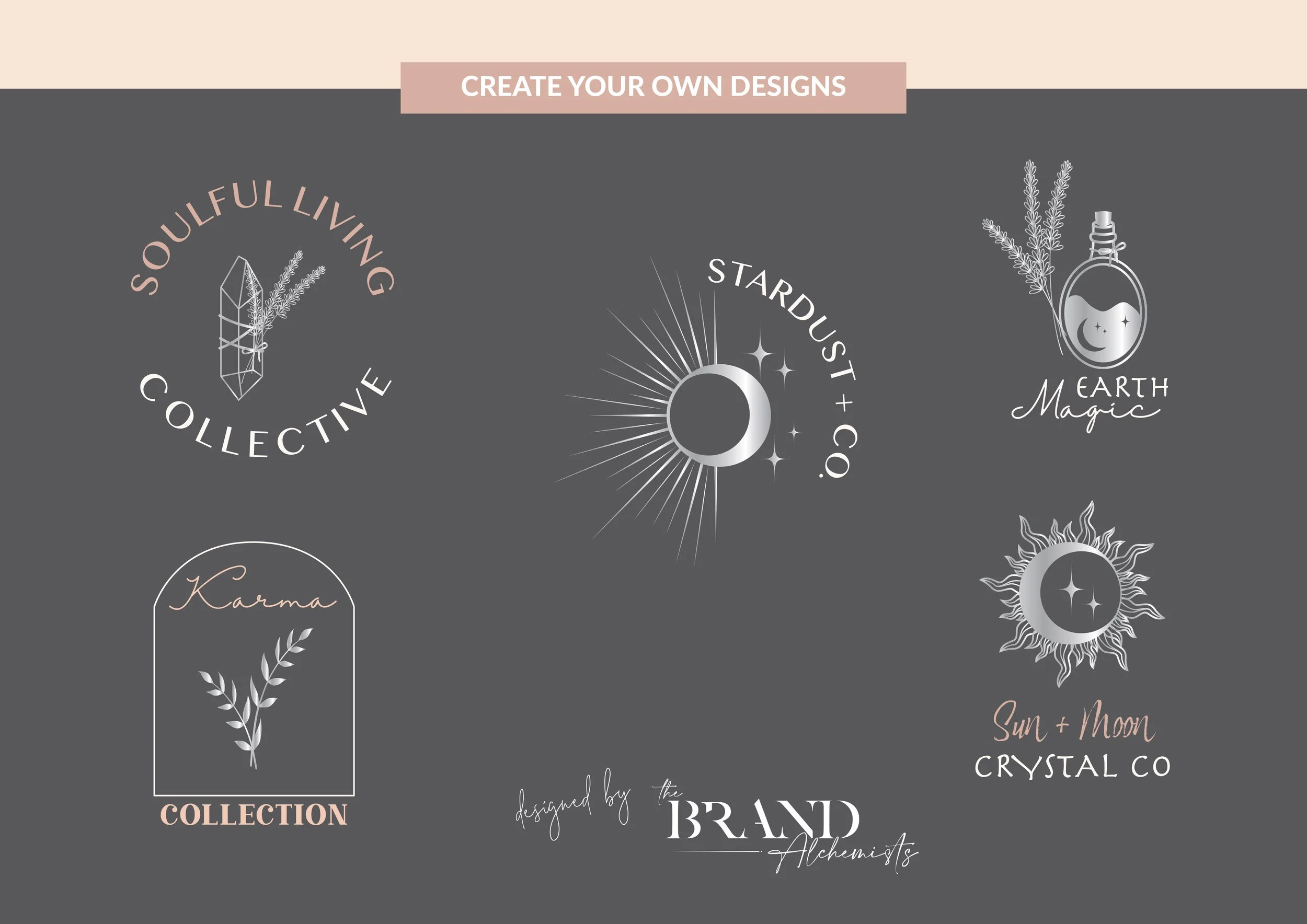 Sample logos showing how to use silver design elements