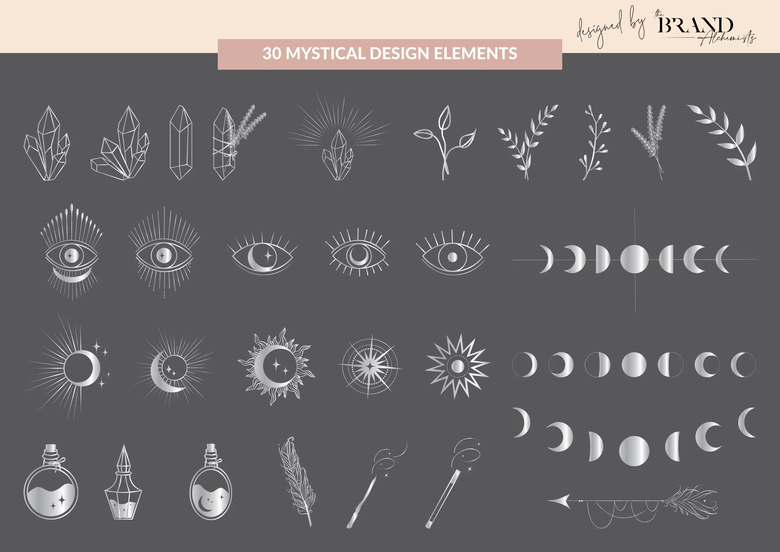 Thirty metallic silver mystical design elements on dark background