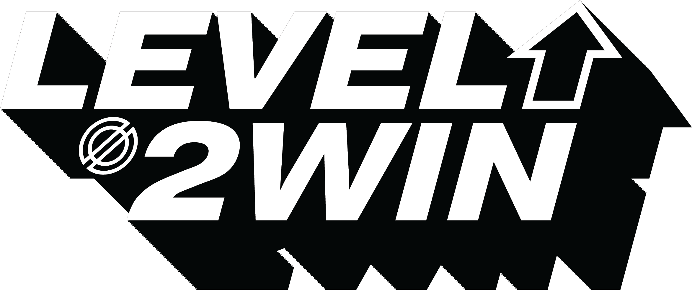 Bold white text on a black background says 'LEVEL UP 2 WIN' with a stylized circular icon next to the text.