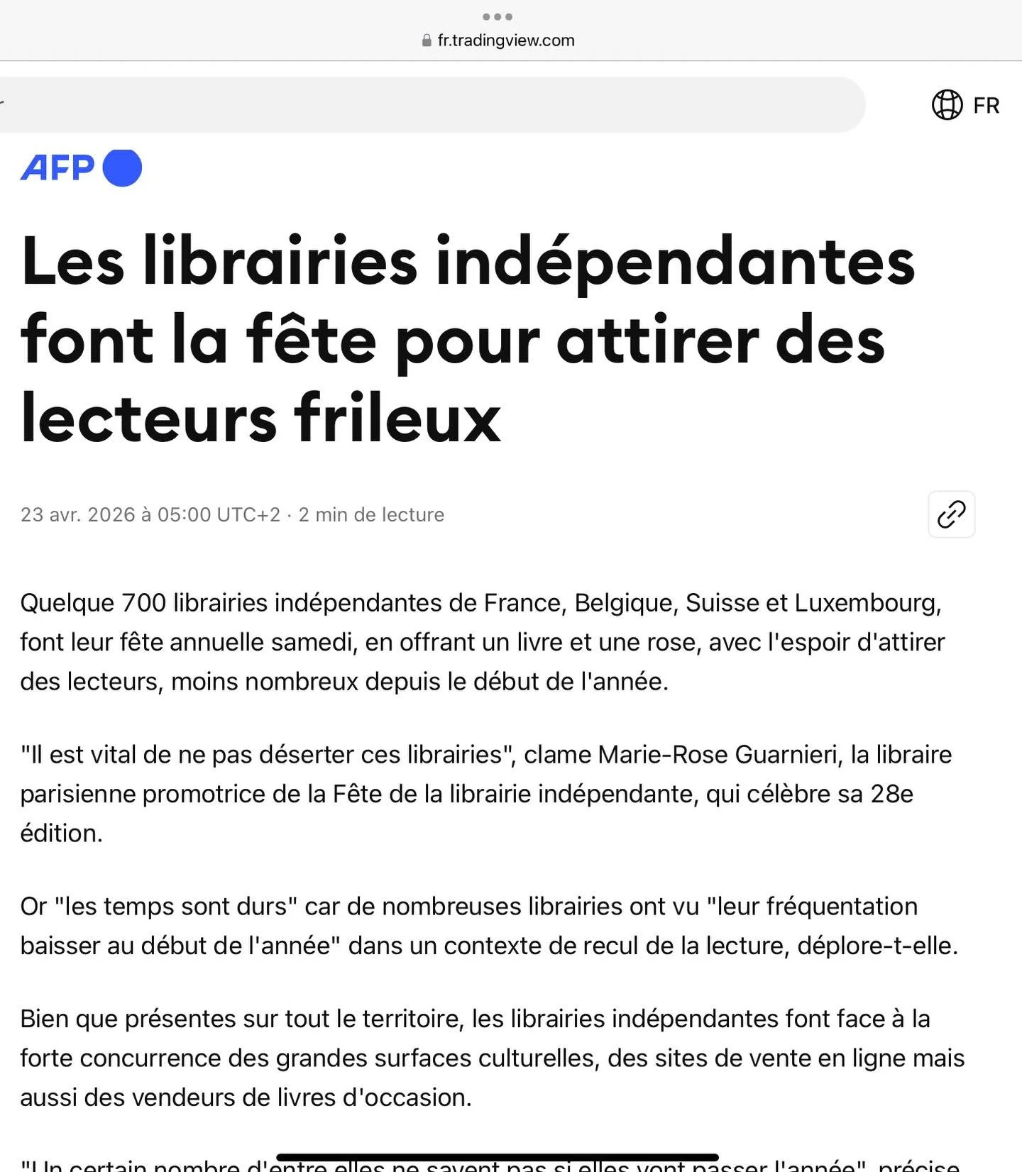 Un grand merci &agrave; l&rsquo; @afpfr pour cette belle mise en avant 🌹
Rendez-vous demain samedi 25 avril pour f&ecirc;ter tous ensemble le livre !