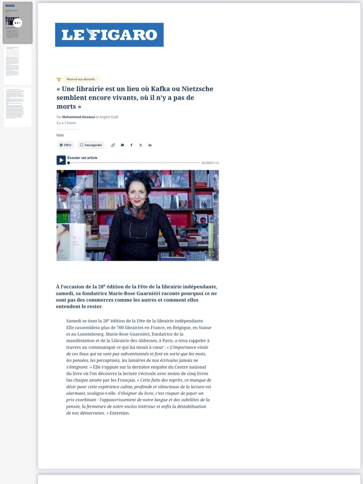 Merci au @lefigaro @lefigaroculture de soutenir la journ&eacute;e de la librairie ind&eacute;pendante 🌹