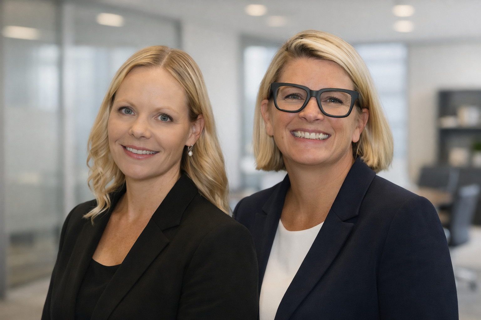 Two professional women in business attire smiling in an office setting.