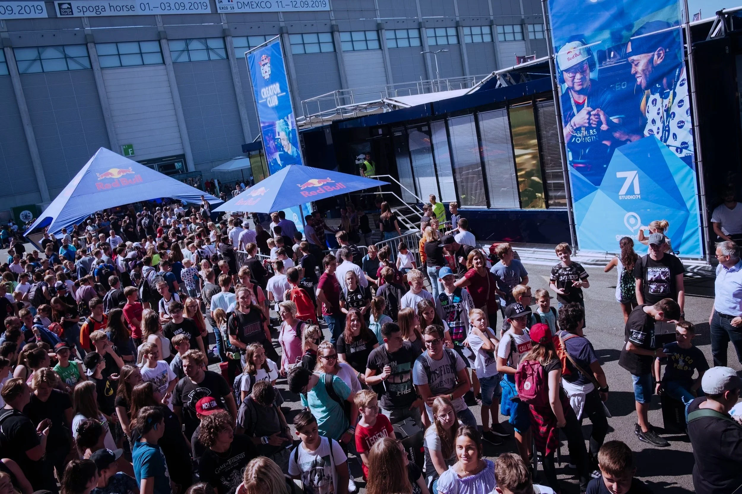 Crowd of fans outside of the Red Bull Creator Club at gamescom 2019.