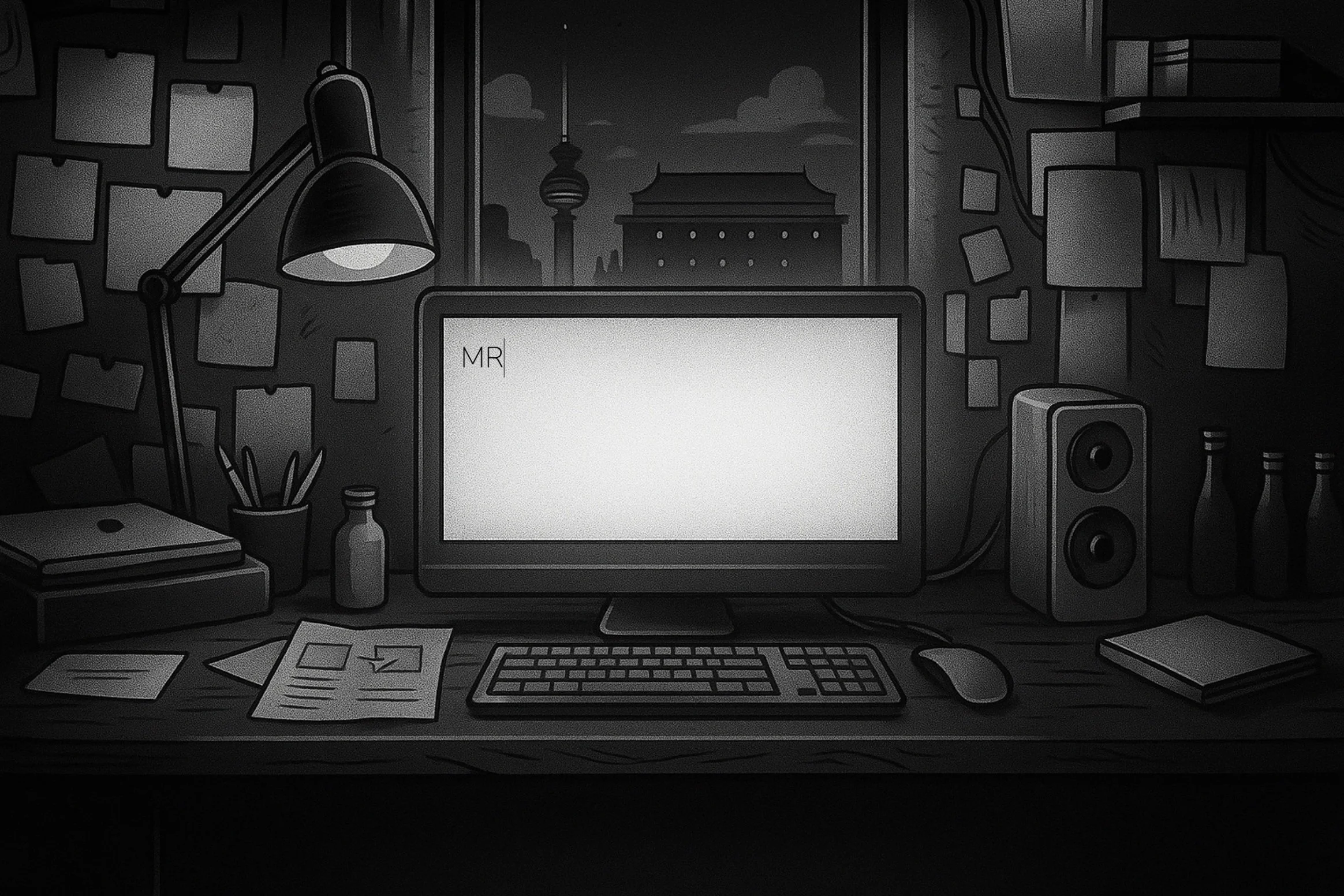 A grayscale illustration of a cluttered workspace with a computer monitor, keyboard, mouse, stereo speaker, desk lamp, and various papers, bottles, and office supplies on a wooden desk, with a cityscape visible through a window in the background.