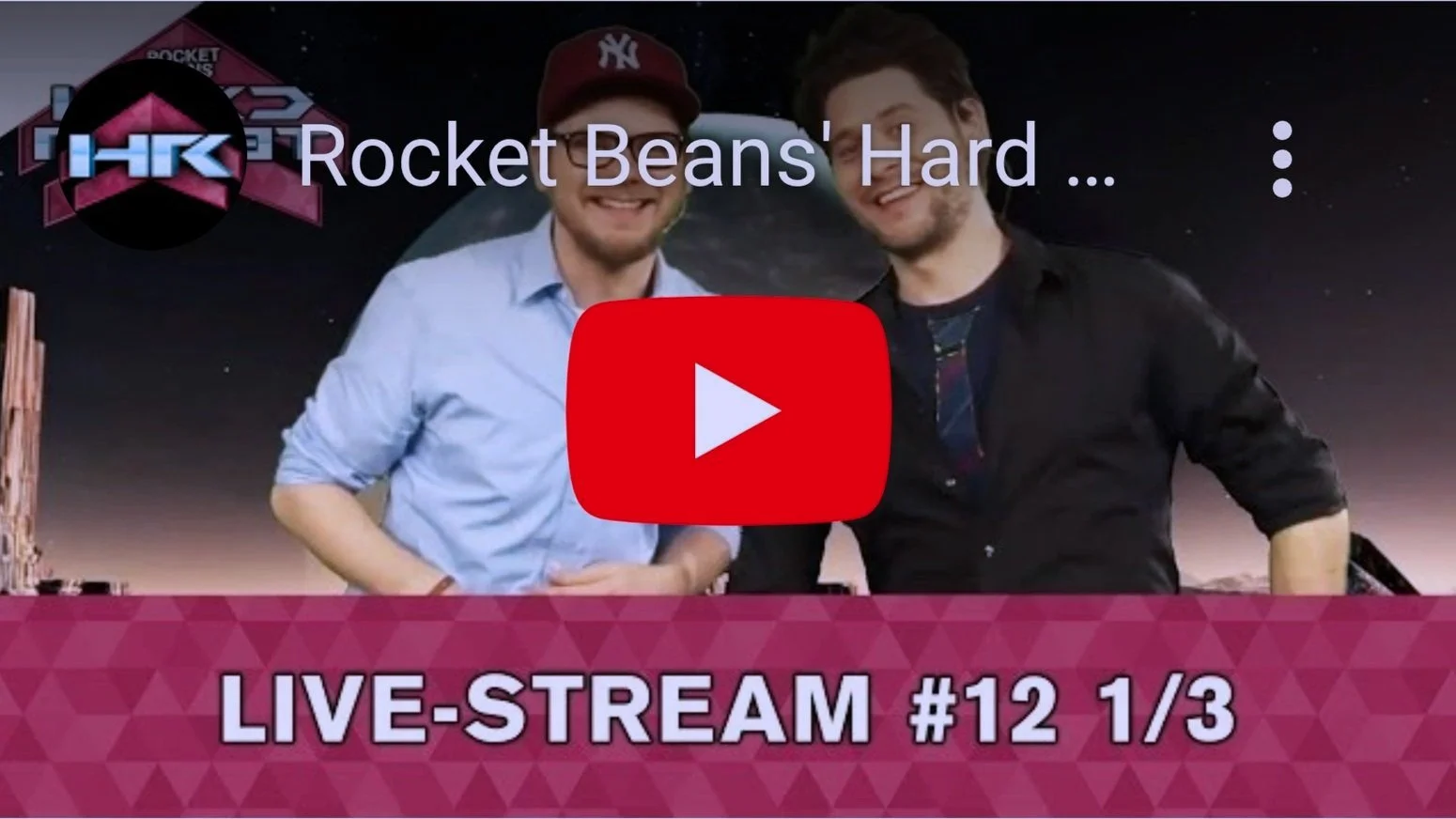 Thumbnail for a live-stream video titled 'Rocket Beans' Hard Reset' featuring Etienne Gardé and Simon Krätschmer with a space-themed background, including Earth and stars, and a pink geometric overlay with the text 'LIVE-STREAM #12'.