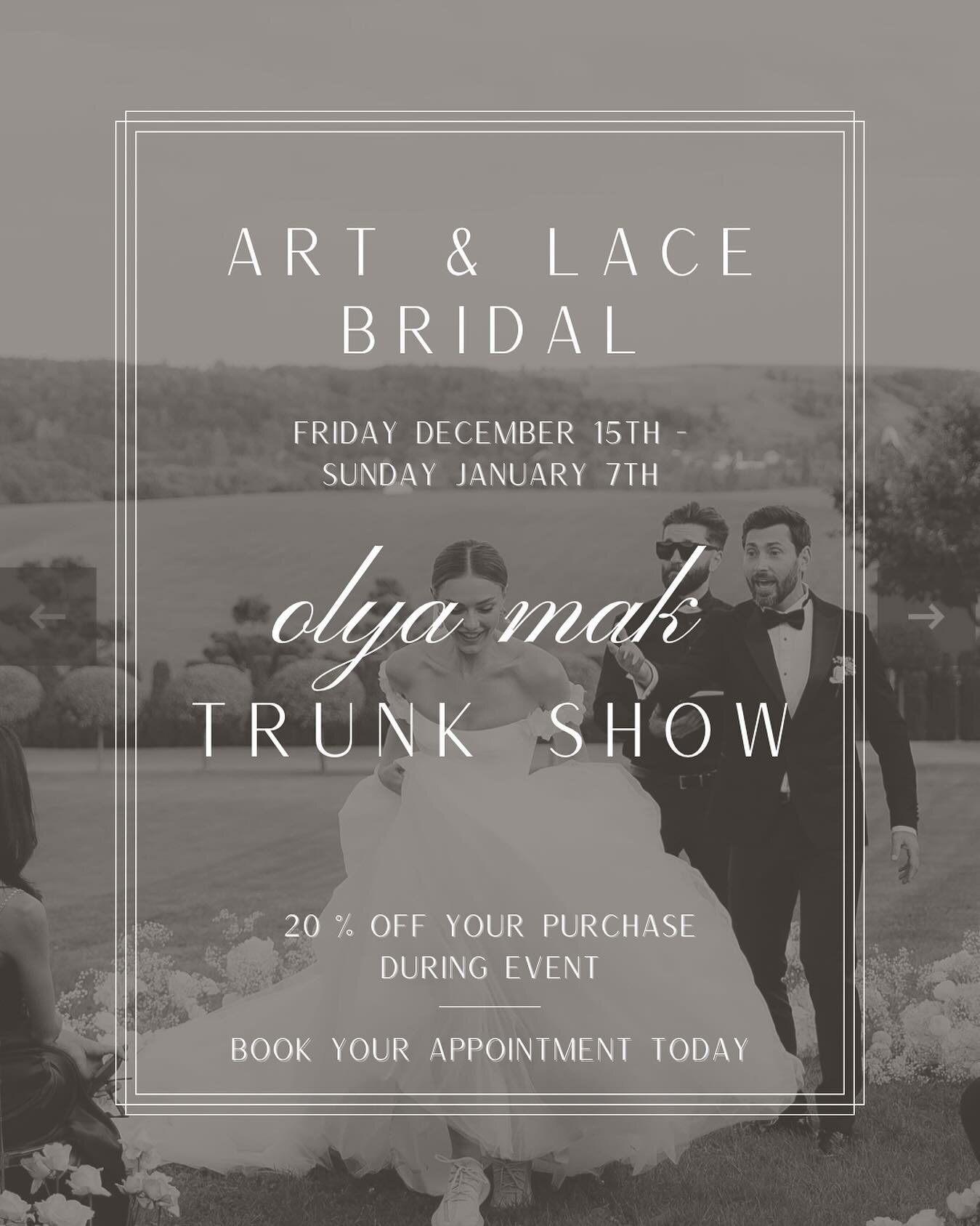 TRUNK SHOW ALERT 🧳 - join us for our first ever trunk show with collections from designer @olyamak_wedding @olyamak_official 

Come in and shop the collections this Friday December, 15th thru Sunday, January 7th and receive 20% off your purchase! 


