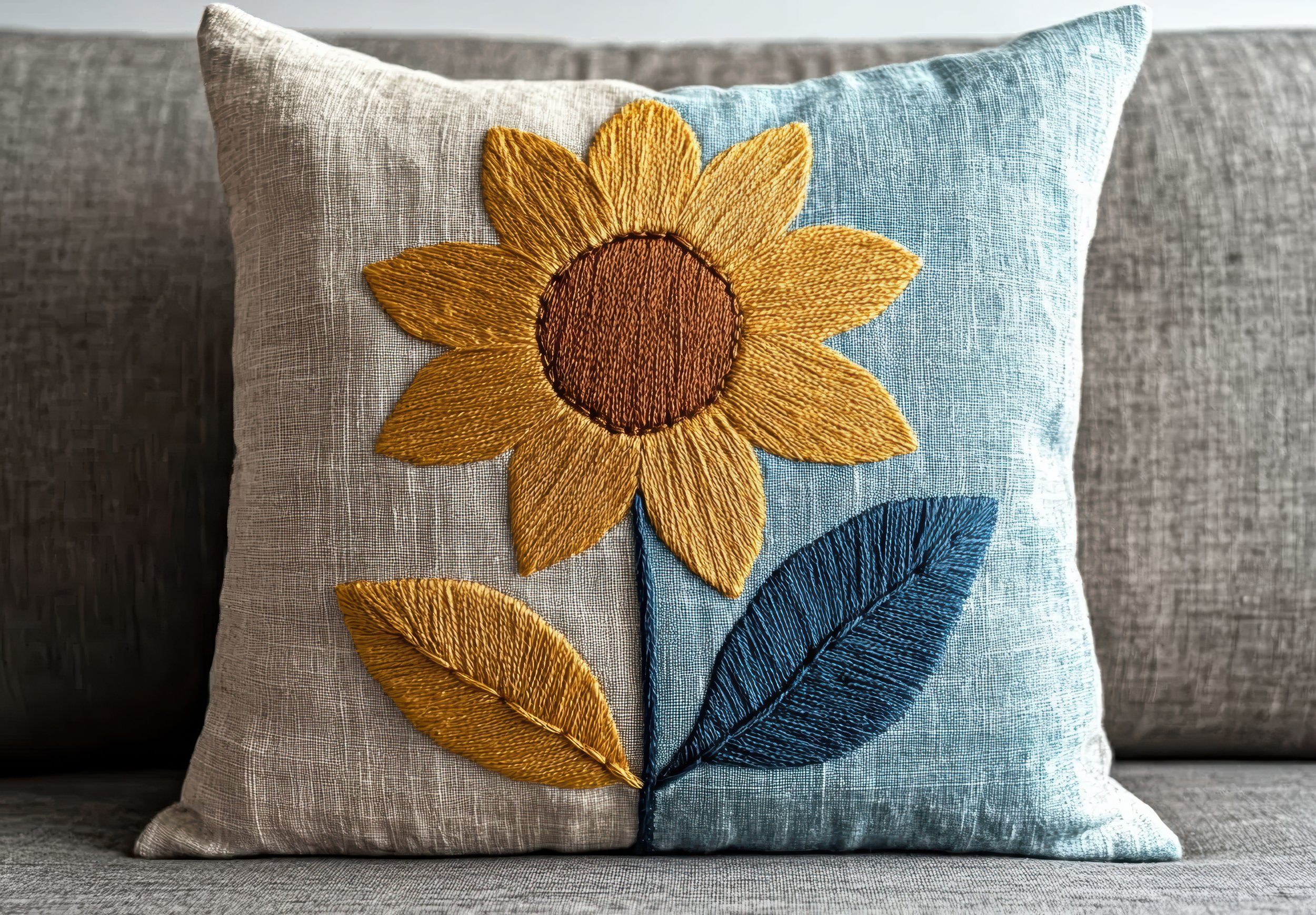 Handcrafted cushion with golden sunflower embroidery, showcasing Brighton Alterations’ intricate needlework and custom soft furnishings.