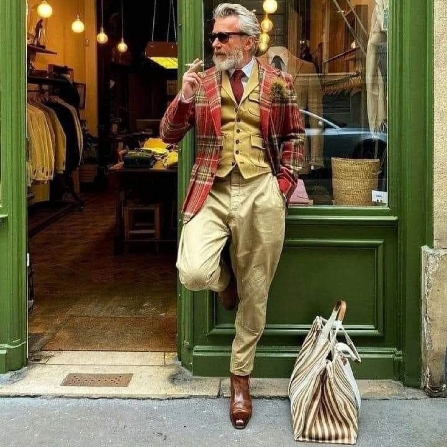 A stylish man with gray hair, beard, and sunglasses leaning against a green storefront, smoking a cigarette. He is dressed in a red plaid blazer, yellow vest, red tie, beige pants, and brown shoes. A striped bag is on the ground next to him.