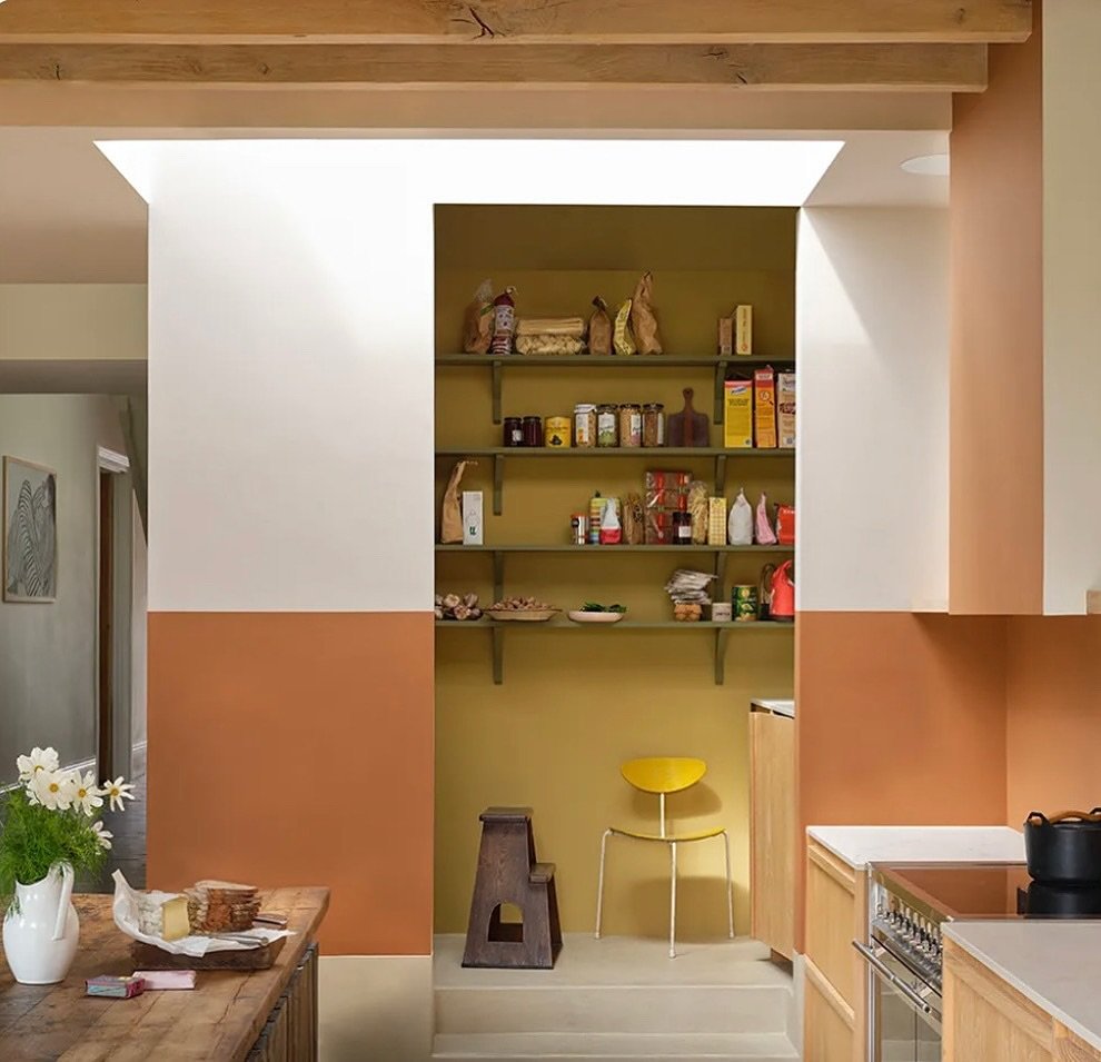 Sunshine pantry! ☀️

Farrow &amp; Ball&rsquo;s new shades&mdash;Marmello and Duster&mdash;bringing warmth, depth, and a little slice of sunshine. Just the right energy to start the week!

@farrowandball Beautiful capture by James Merrell #alittlebito