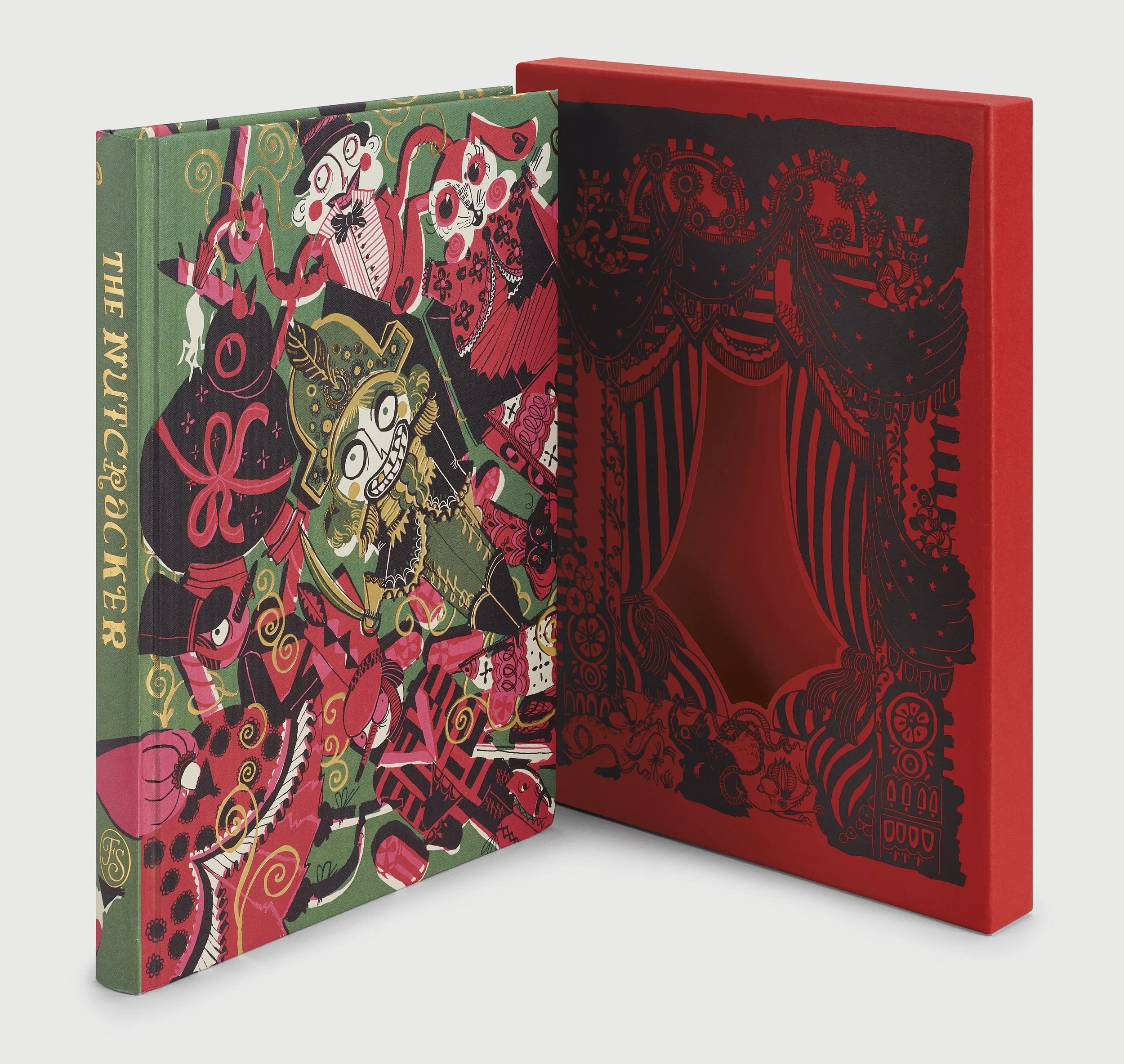 Illustrated book cover of 'The Nutcracker' with colorful, whimsical characters and ornate design on a red slipcase.