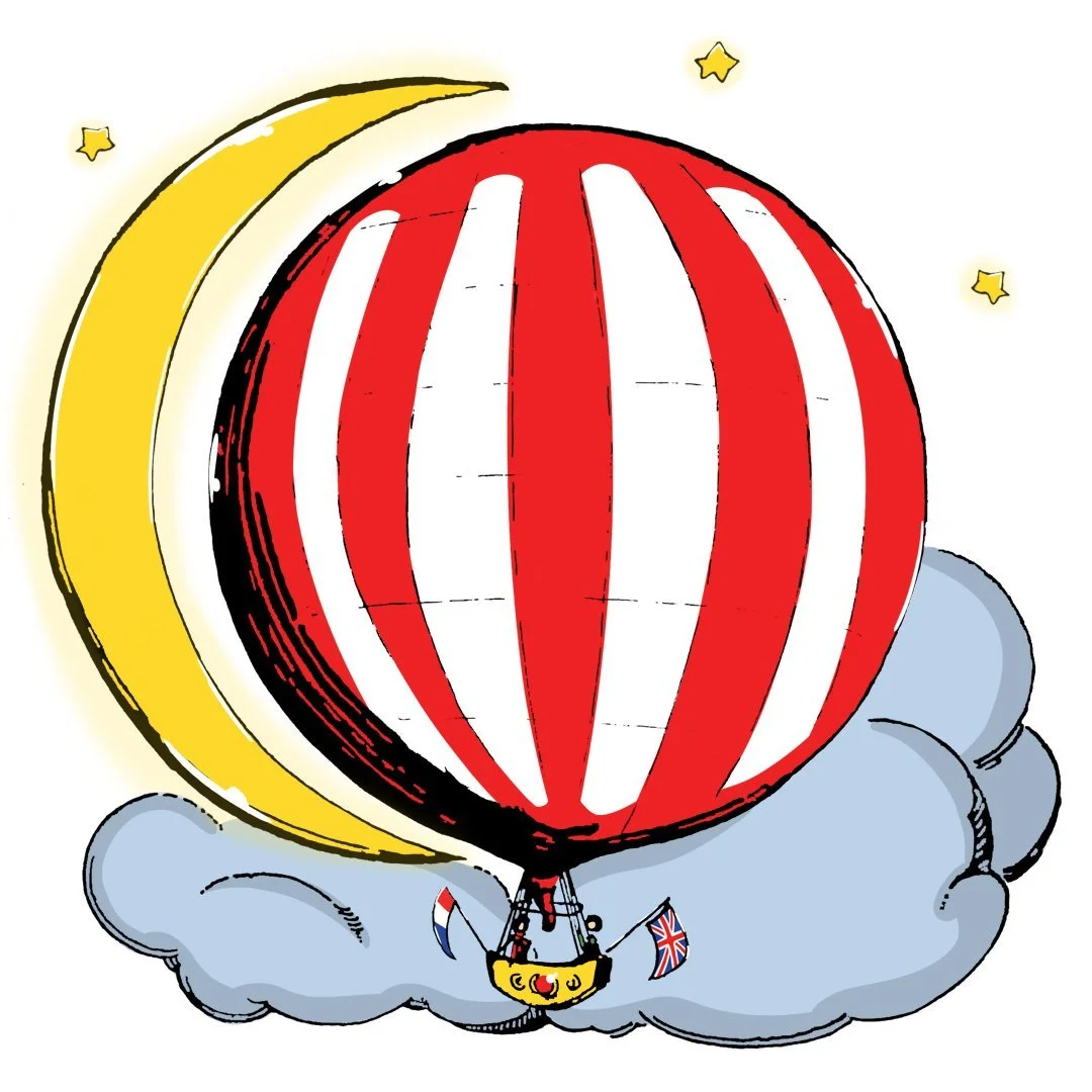 Illustration of a red and white striped hot air balloon floating in front of a crescent moon, with stars in the background and two small flags on the basket.