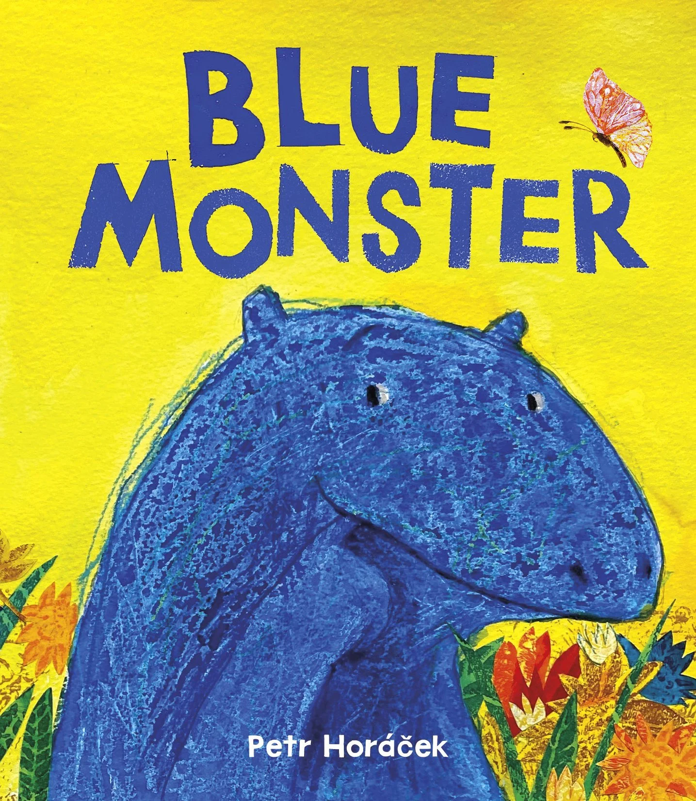 Cover of the book "Blue Monster" by Petr Horáček featuring a blue creature with flowers and a butterfly, set against a yellow background.