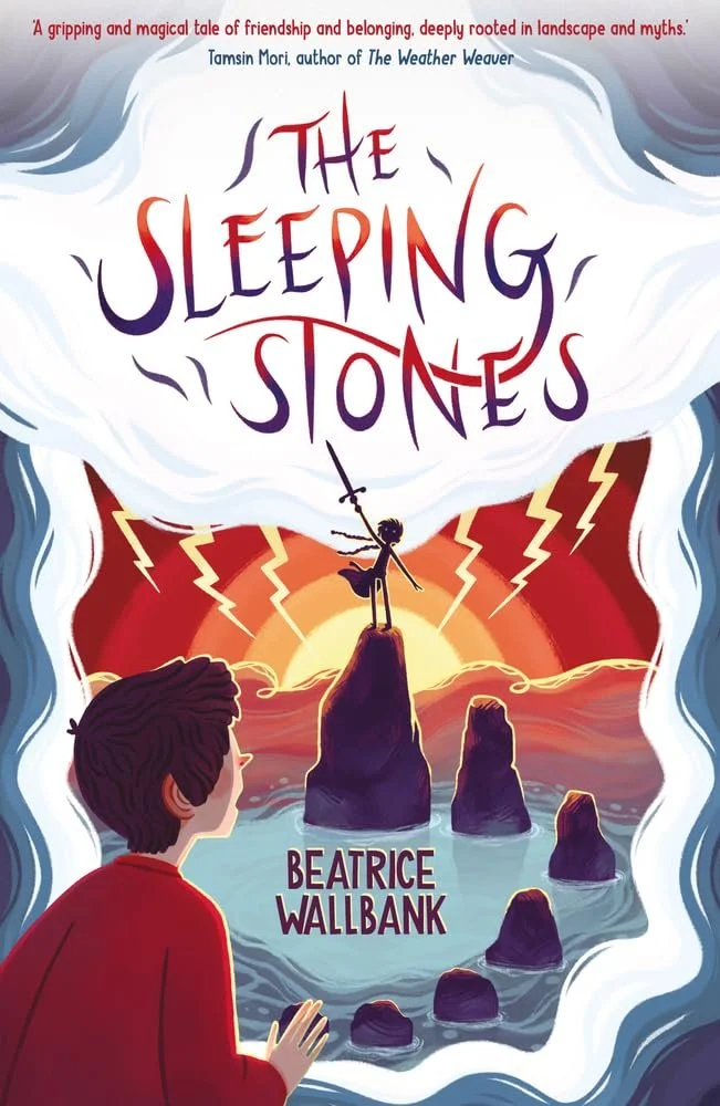 Cover of the book 'The Sleeping Stones' by Beatrice Wallbank, featuring a person standing on a rock amidst others, with a dramatic sunset and lightning in the background.