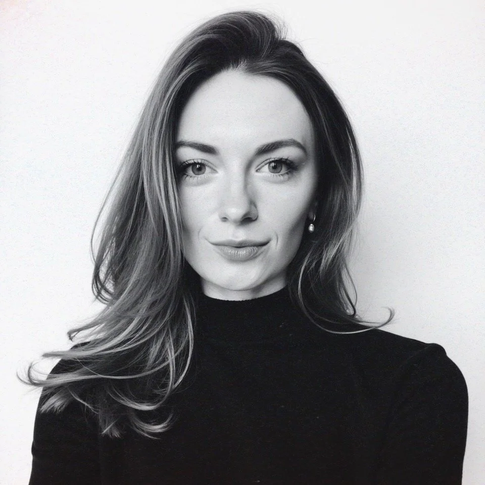 Black and white portrait of a woman with long hair, wearing a dark turtleneck.