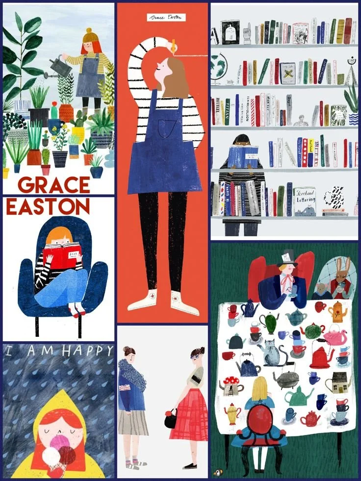 Collage of colorful illustrations featuring people, plants, and books, showcasing art by Grace Easton. Includes a woman watering plants, a person carrying an oversized match, and people reading or looking at books. Various plants, teapots, and whimsical characters depicted.