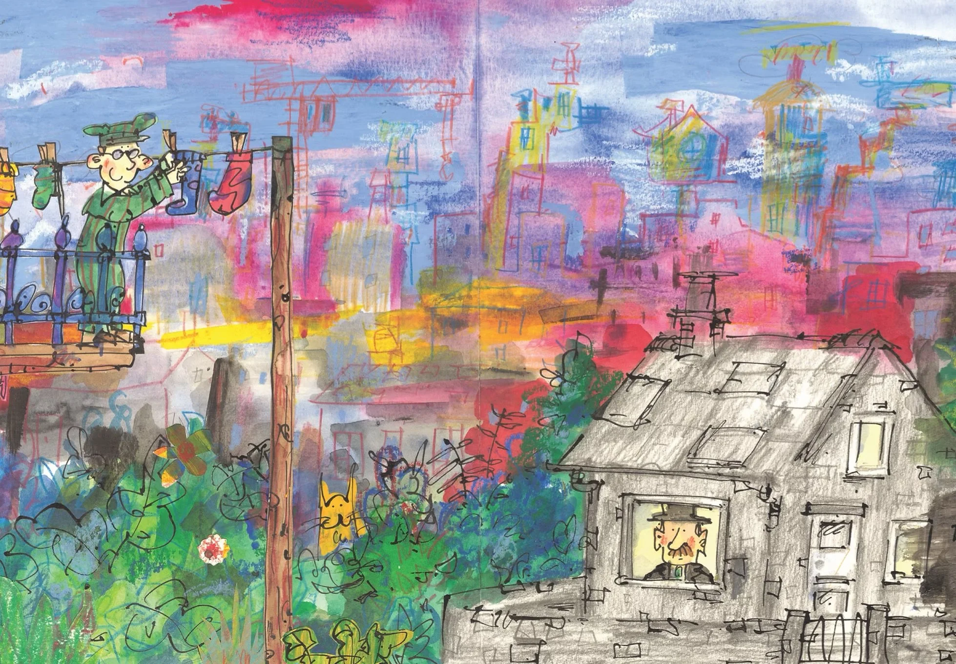 Colorful illustration of a person hanging laundry on a clothesline high above, overlooking a vibrant cityscape with a mix of colors and buildings in the background. Below, a small house with a person peeking through the window and greenery surrounding the area.