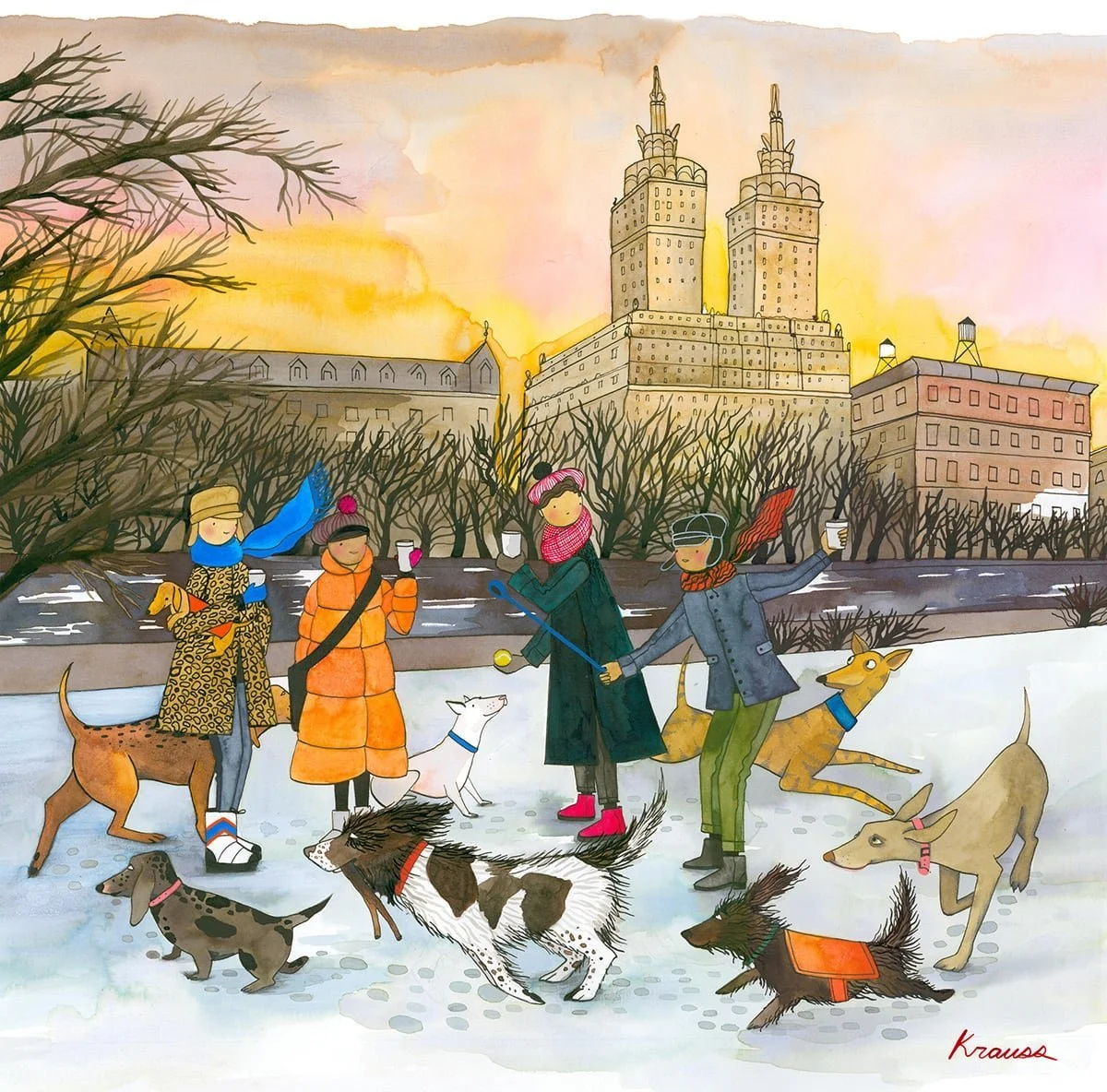 Illustrated scene of people walking multiple dogs in a snowy park, with a cityscape in the background at sunset.