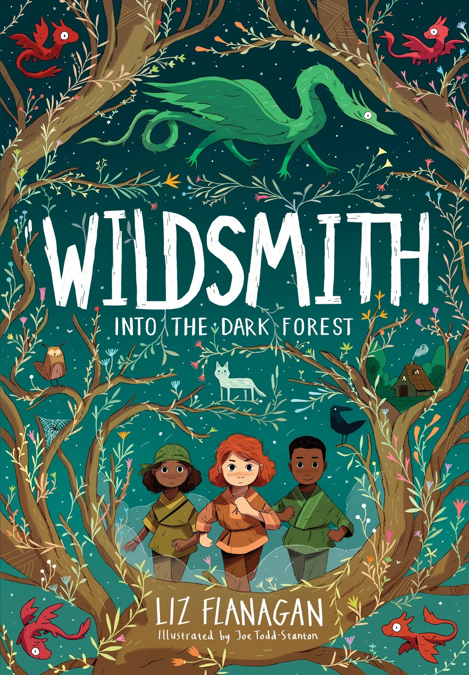 Cover of "Wildsmith: Into the Dark Forest" by Liz Flanagan, featuring three children, colorful birds, a green dragon, and forest illustrations.