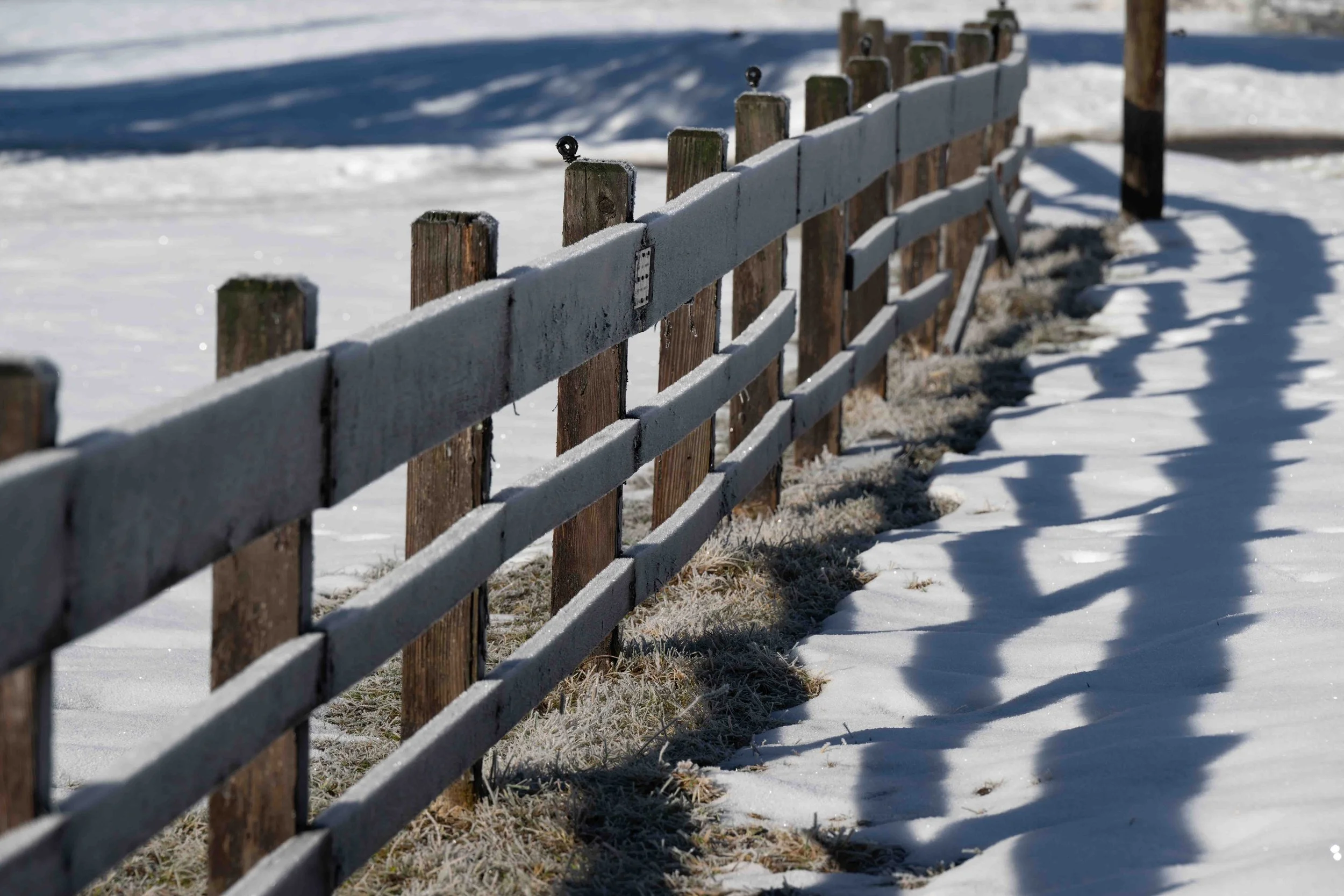 Clôture en bois enneigée avec ombres sur le sol dans un paysage hivernal.