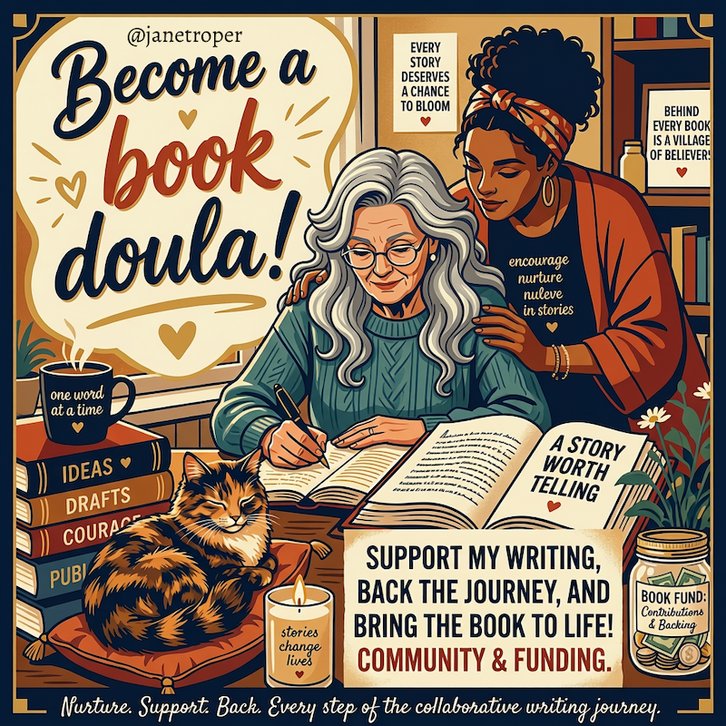 poster like image become a book doula support my writing white woman long gray hair at desk writing, woman of color looking over her shoulder cat candle and tip jar on desk