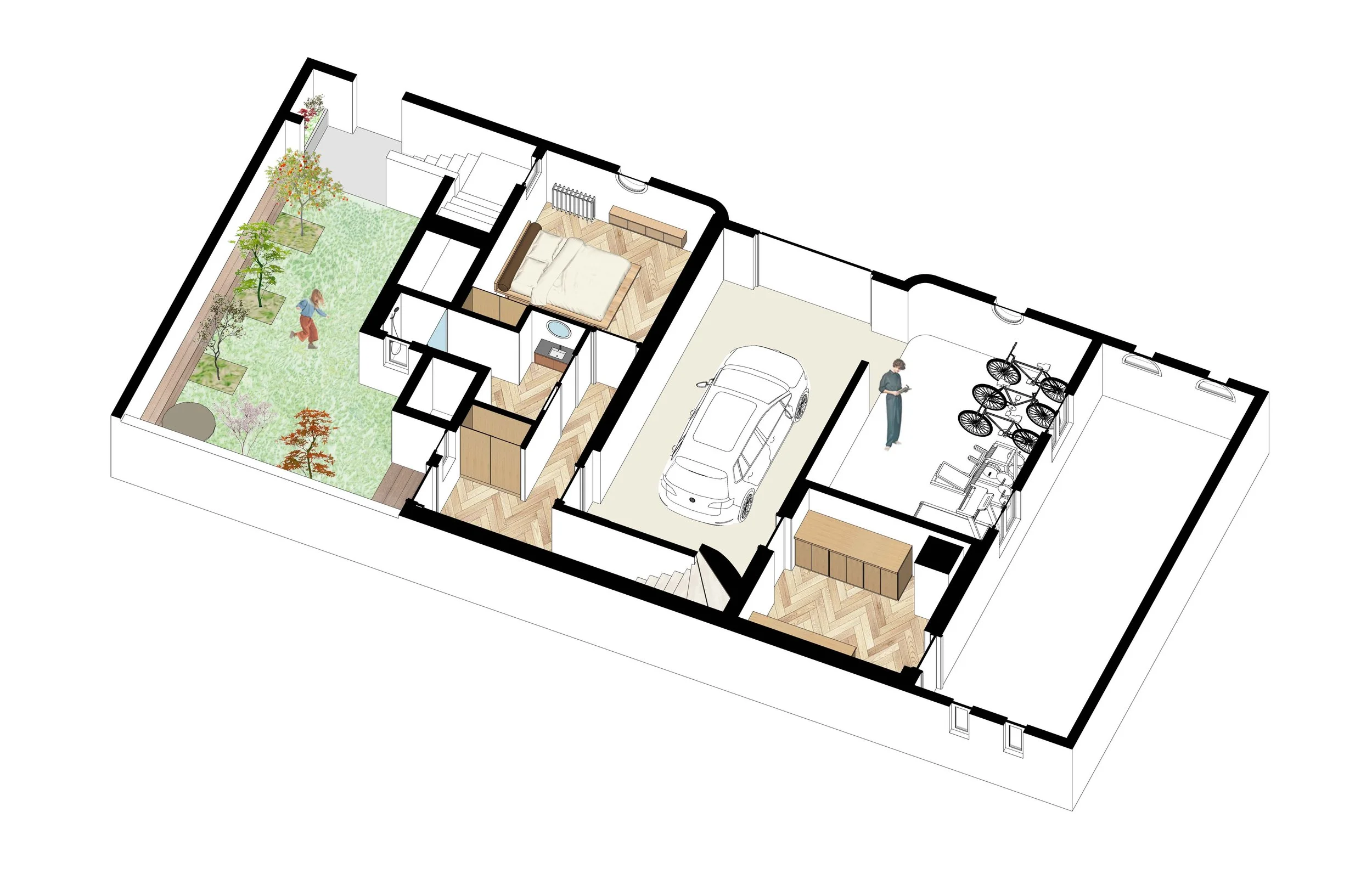 Axonométrie du sous-sol rénové de la maison l’Agly. Ce type de visualisation est un trait d'union entre plans et vues 3D, elle permet à nos clients de mieux se projeter dans l'espace, comprendre les volumes et leurs enchainements. Cette vue illustre