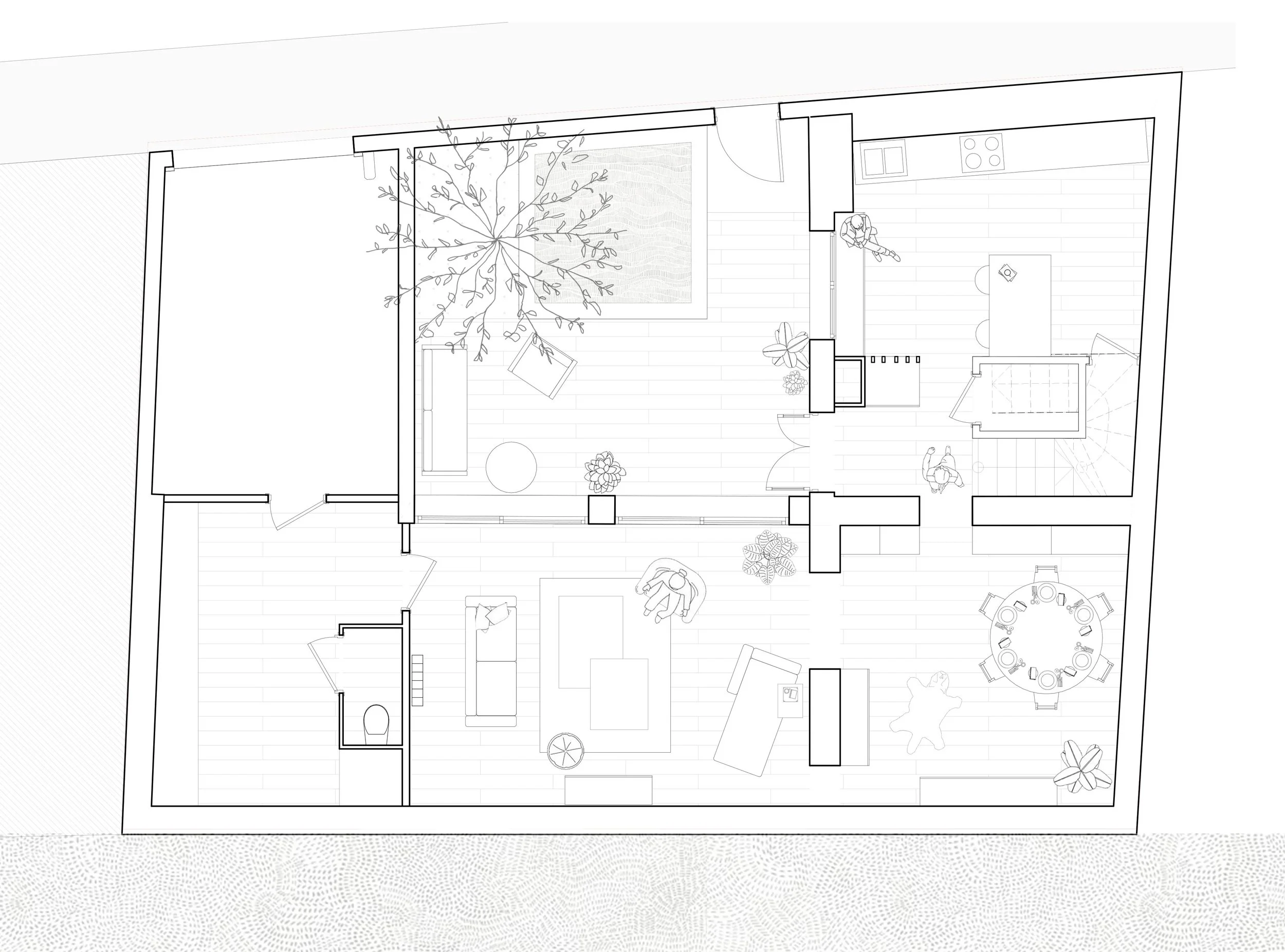 Plan du rez-de-chaussée révélant une organisation pensée autour du patio. Chaque espace profite de vues, de lumière naturelle et d'une circulation fluide entre les pièces.