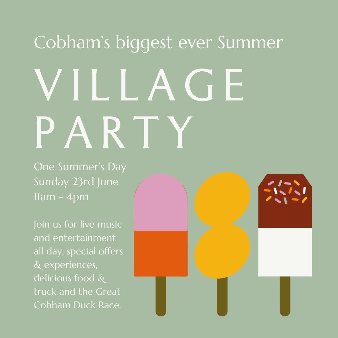It's going to be Cobham's BIGGEST EVER Summer Party! 

Here's what to expect:

🎤 Live music &amp; entertainment all day
🍔 Delicious food &amp; drink stands outside your favourite restaurants
🛍 Special offers and discounts at the best boutiques
🎈 