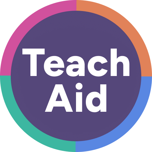 Logo with a circle divided into colorful segments surrounding the words 'Teach Aid' in bold white text.