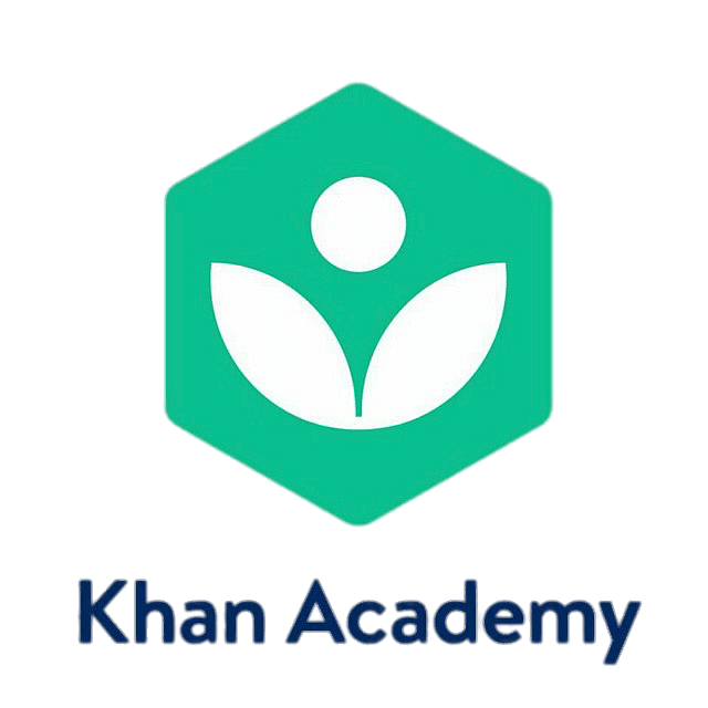 Khan Academy logo featuring a white stylized person with leaves inside a green hexagon and the text 'Khan Academy' below in blue.