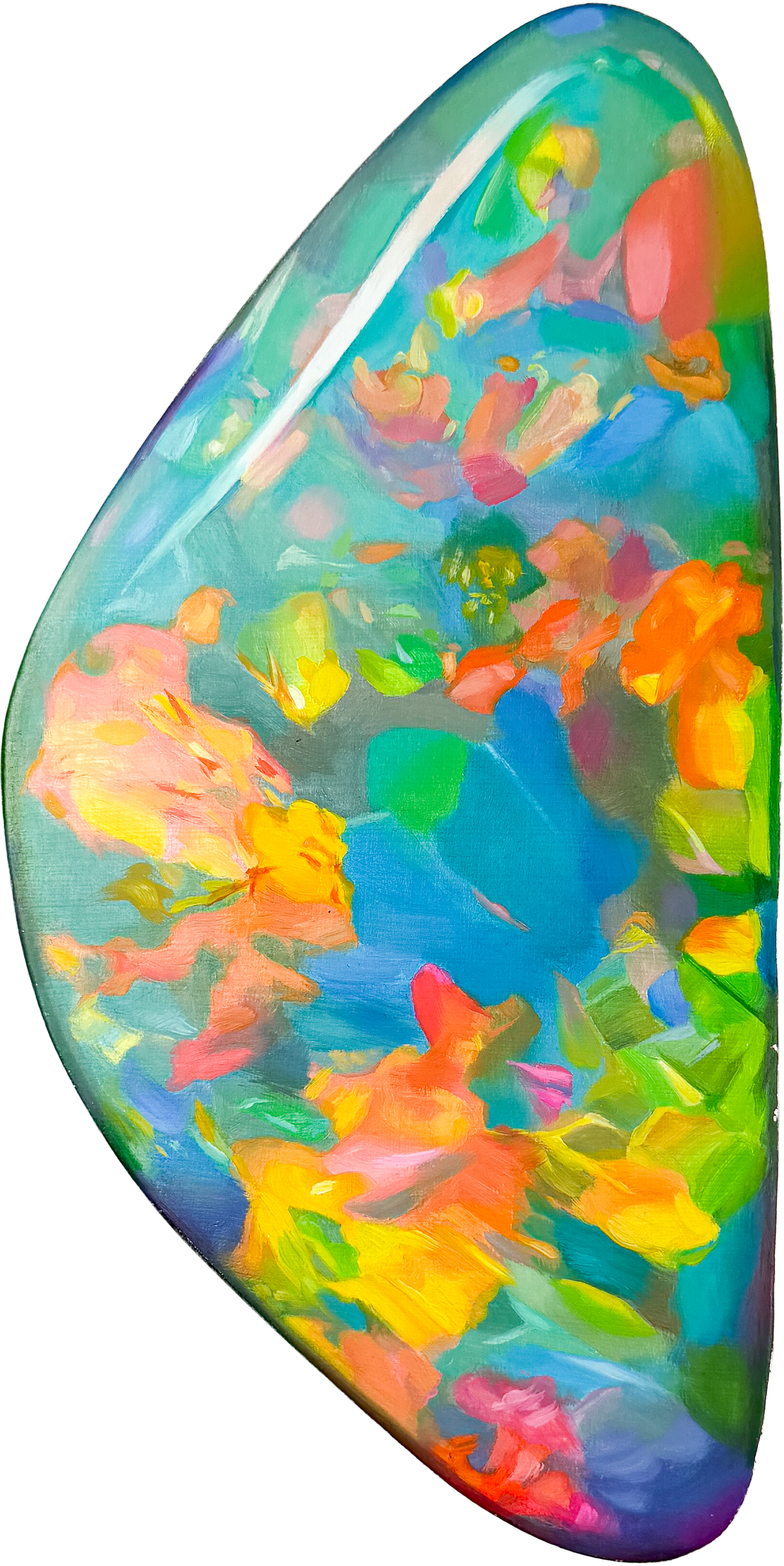 Close-up of a colorful painted black opal with abstract swirling patterns in vibrant colors like orange, blue, yellow, pink, and green painted by Angie Crabtree.