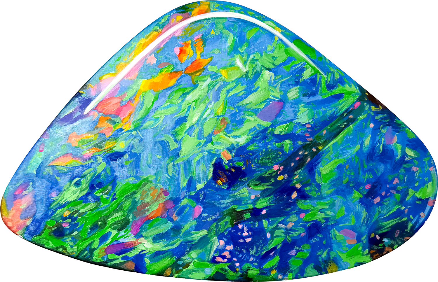 Close-up of a colorful painted black opal with abstract swirling patterns in vibrant colors like orange, blue, yellow, pink, and green painted by Angie Crabtree.