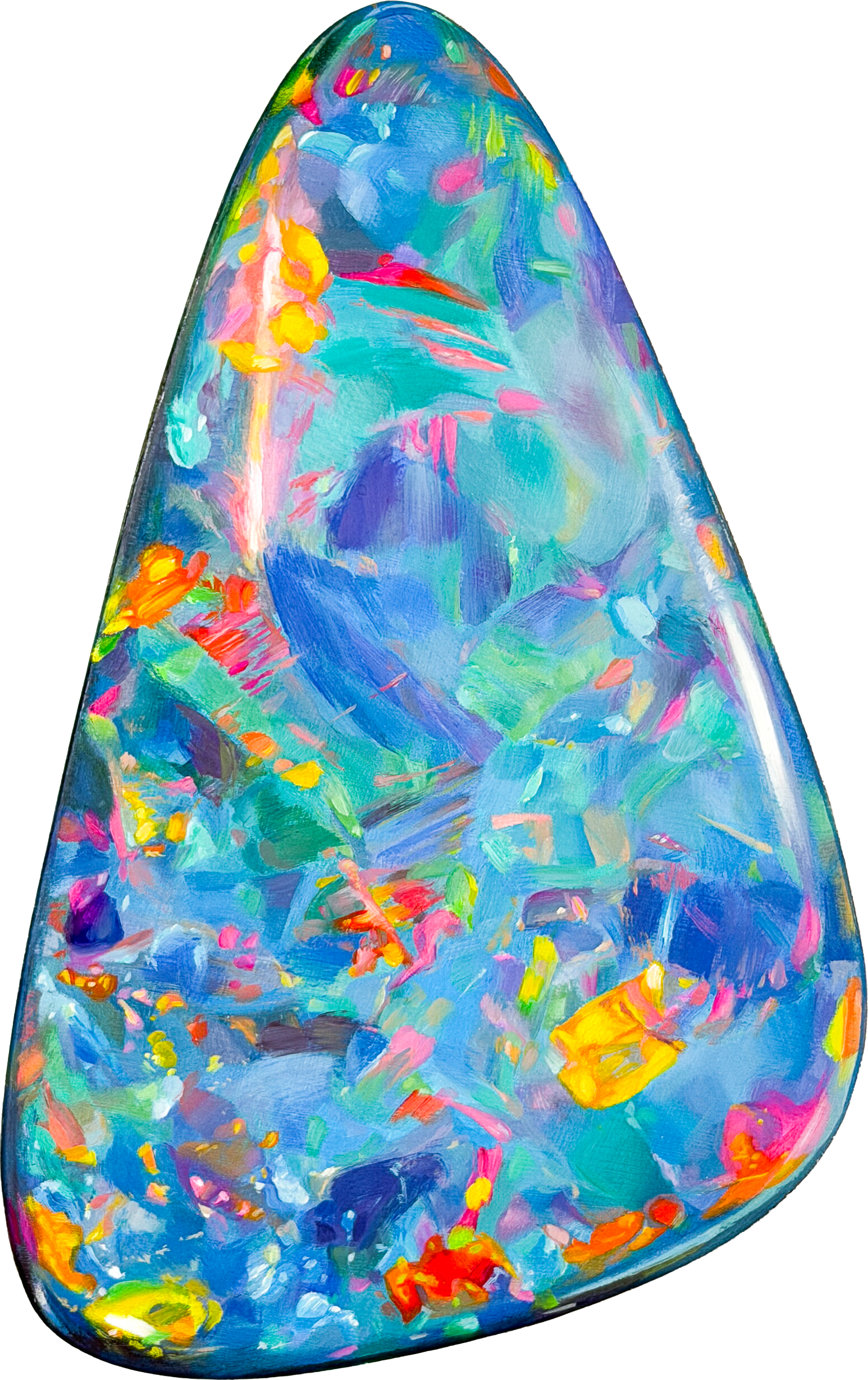 Close-up of a colorful painted black opal with abstract swirling patterns in vibrant colors like orange, blue, yellow, pink, and green painted by Angie Crabtree.
