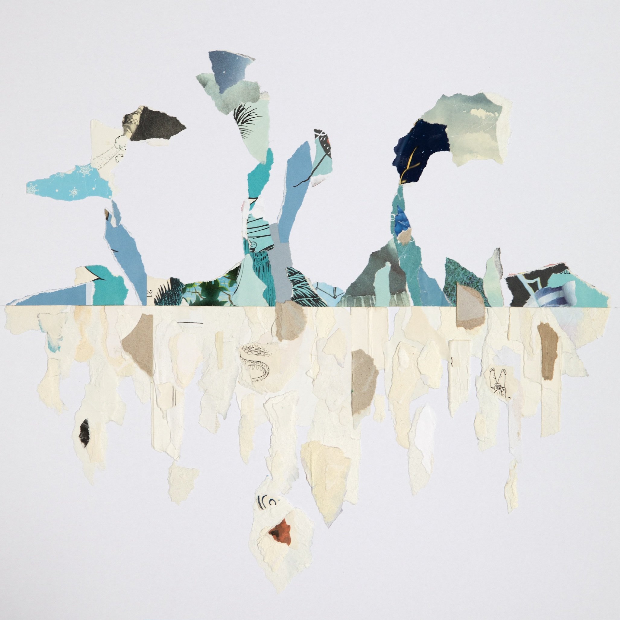 18 by 18 inch collage art divided in half vertically by an invisible horizon line. Beneath the horizon, scraps of neutral and off-white ripped paper extend; above it, scraps of blue create shapes that suggest rocks/mountains and clouds.