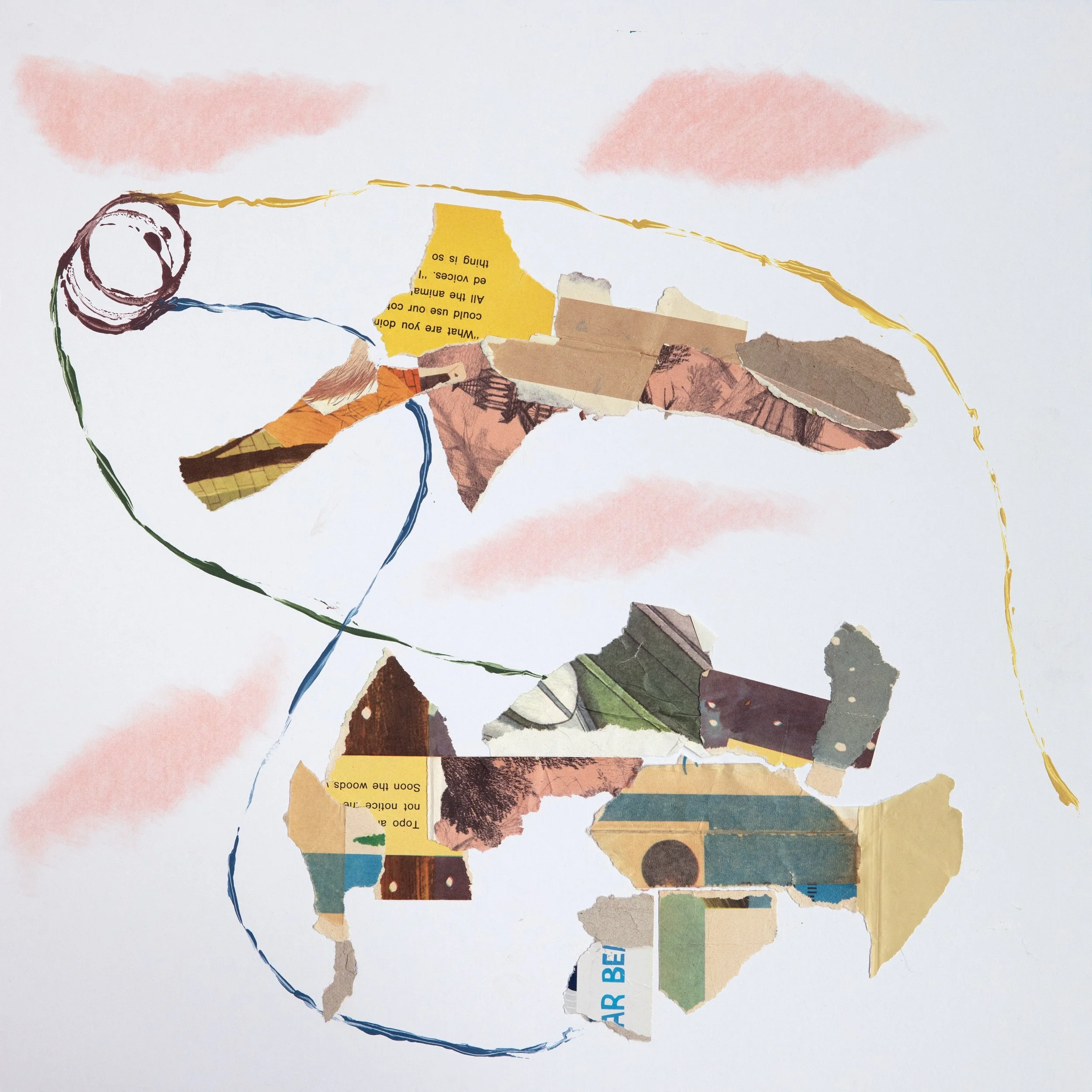 18 by 18 inch mixed media collage with ripped paper in yellow, blue, and orange-pink hues in the top third of the page and a portion of the bottom third. Painted lines extend from one mass of scraps and weave around them.