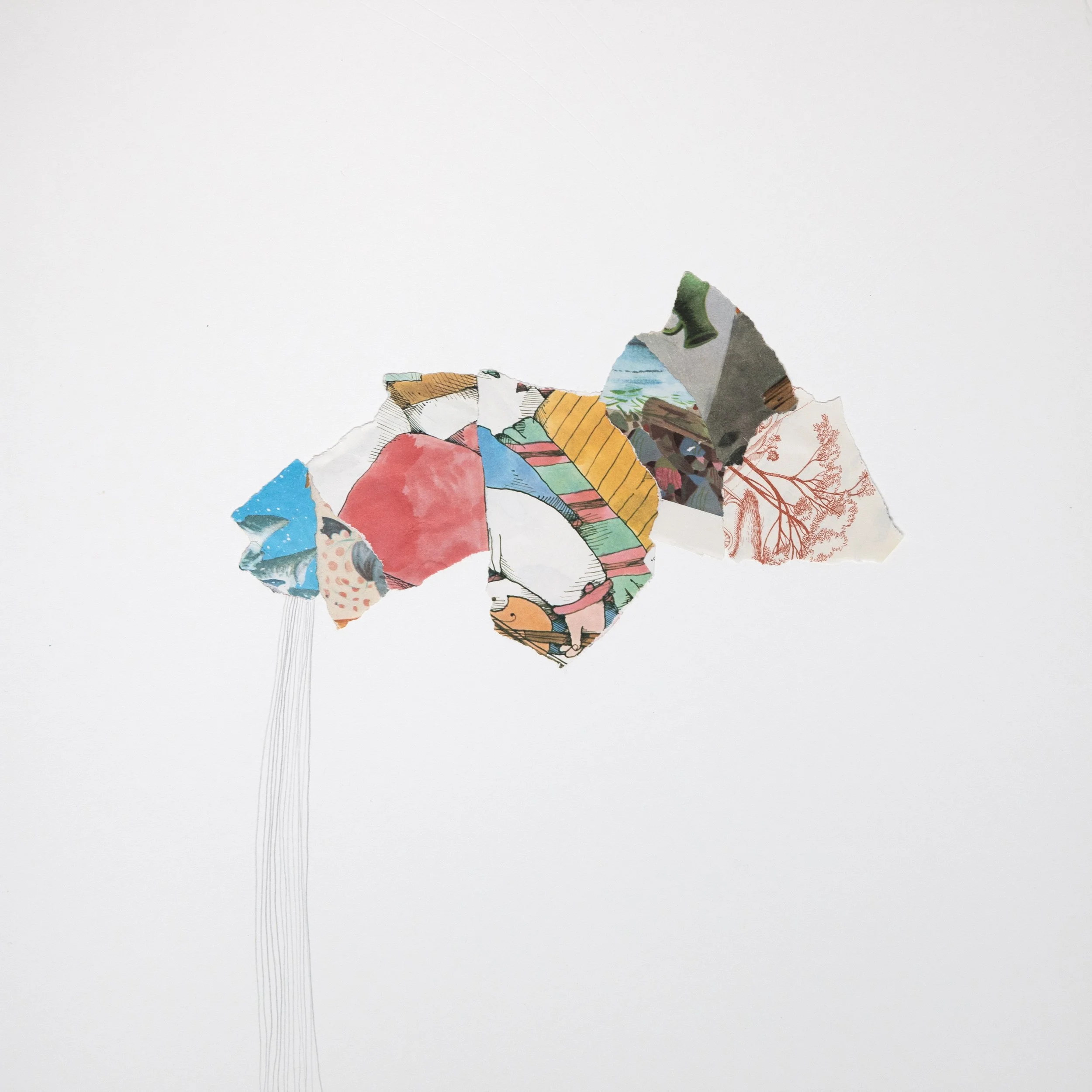 18 by 18 inch mixed media collage using scraps from vintage books that are arranged in a cloud-like form. Vertical pencil lines extend from a scrap and subtler engraved lines extend vertically from the image's central focus.