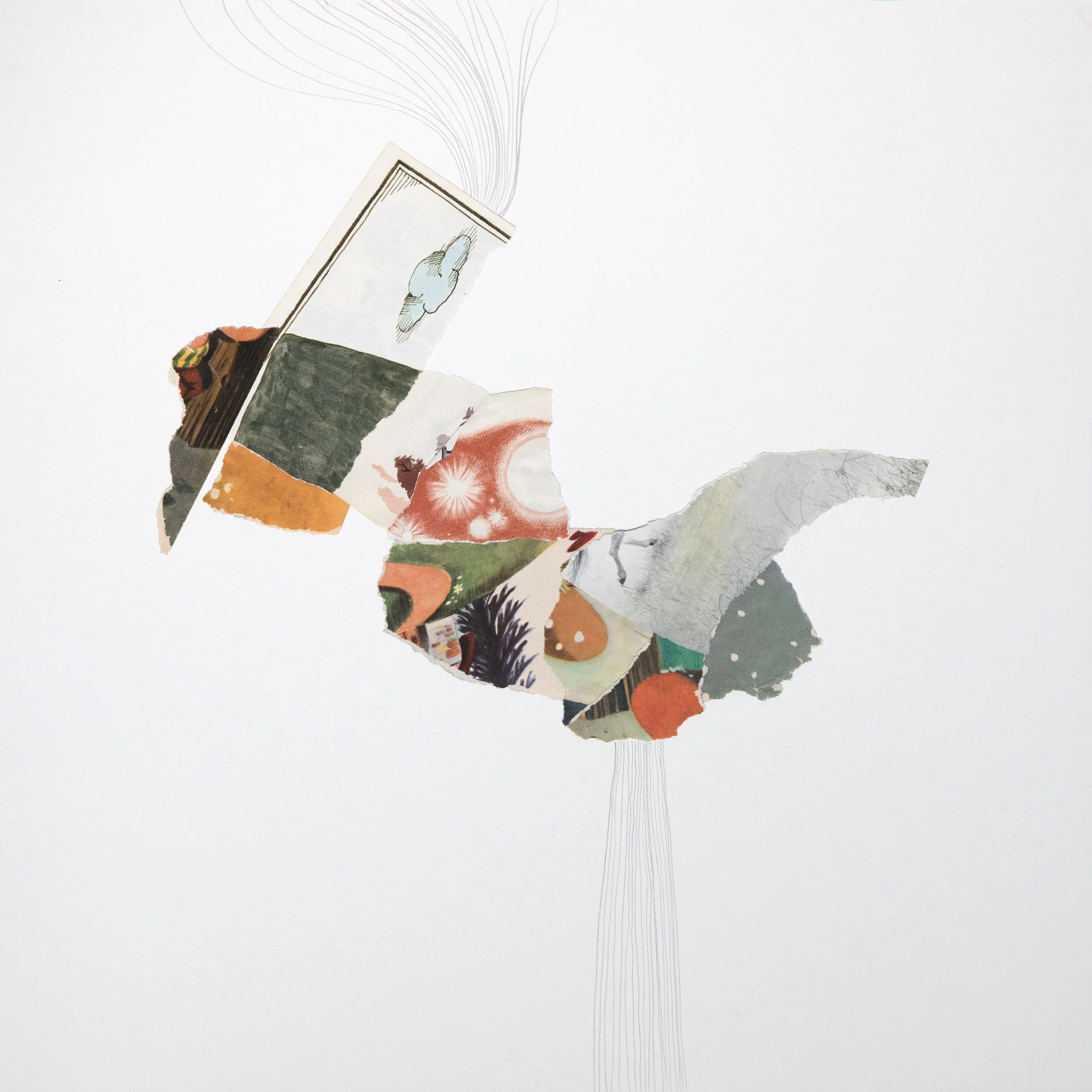 18 by 18 inch mixed media collage of scraps from vintage books arranged to form a thundercloud. Pencil lines extend from the scraps to the top of the page, as well as to the bottom.