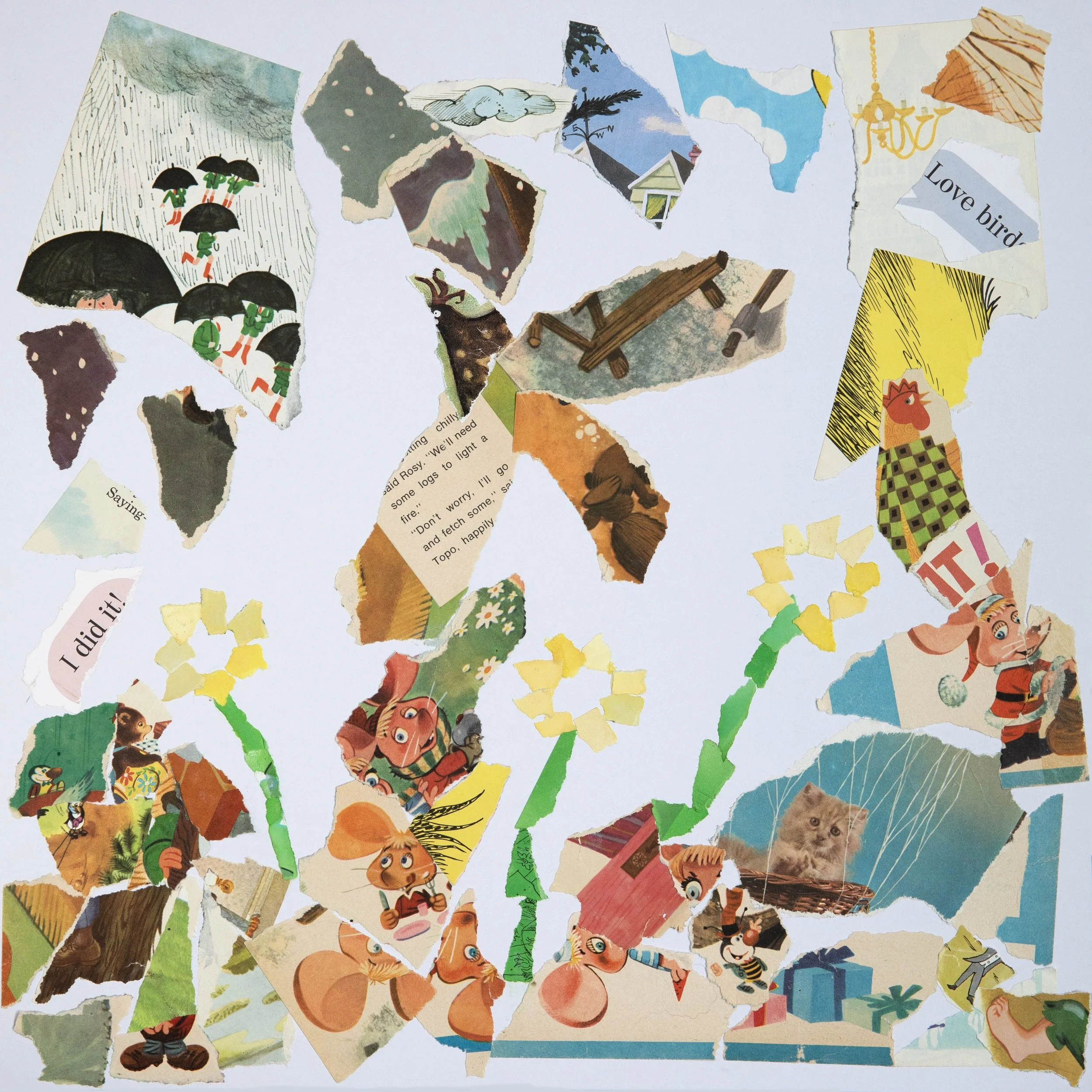 18 by 18 inch collage on white background. 3 cheerful yellow flowers emerge from a jumble of paper with cartoon mice. At the top of the page there are scraps that use colors of the sky or clouds, and one scrap of paper includes text "Love birds."